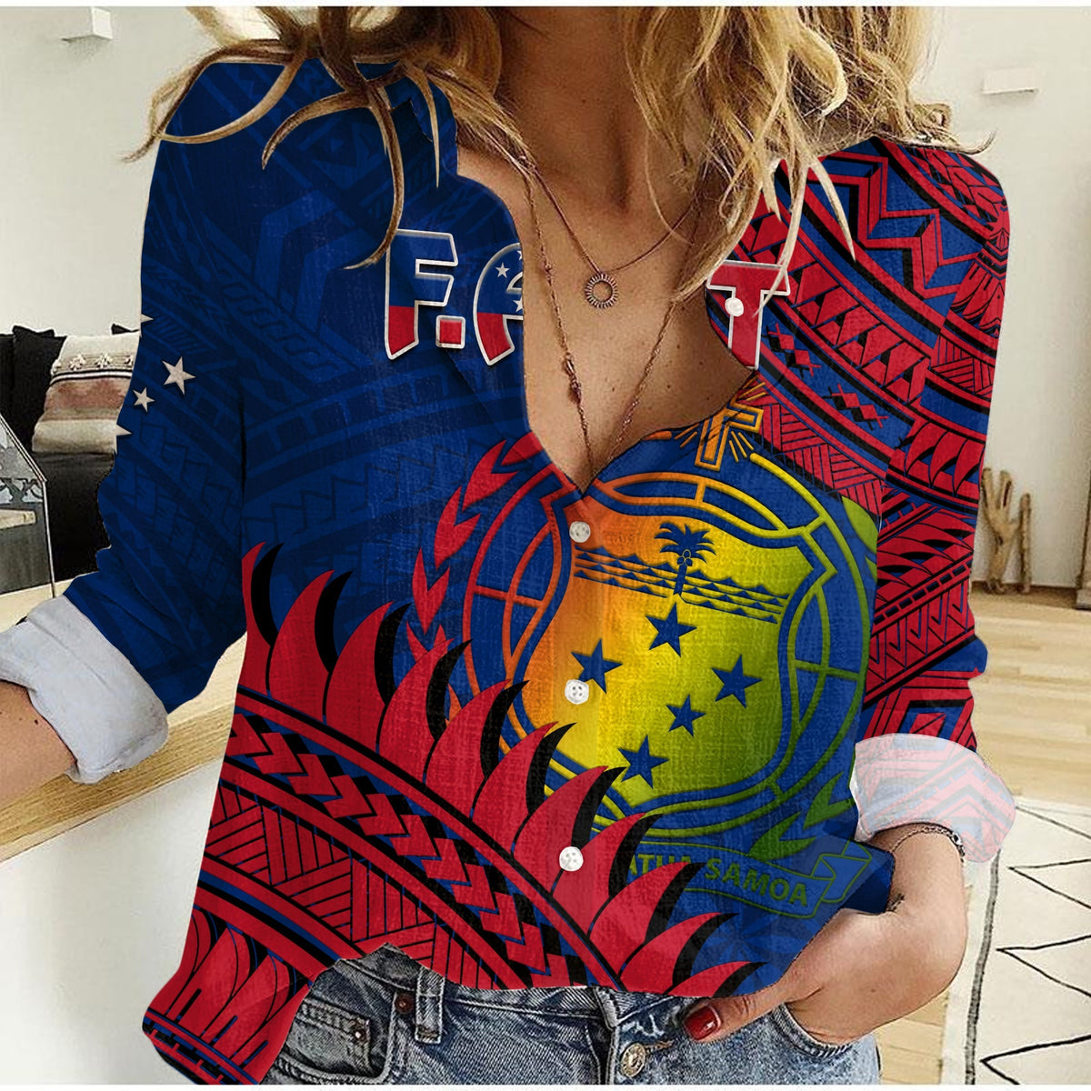 F.A.S.T Samoa Women Casual Shirt Samoan Coat Of Arms Polynesian Pattern - Wonder Print Shop
