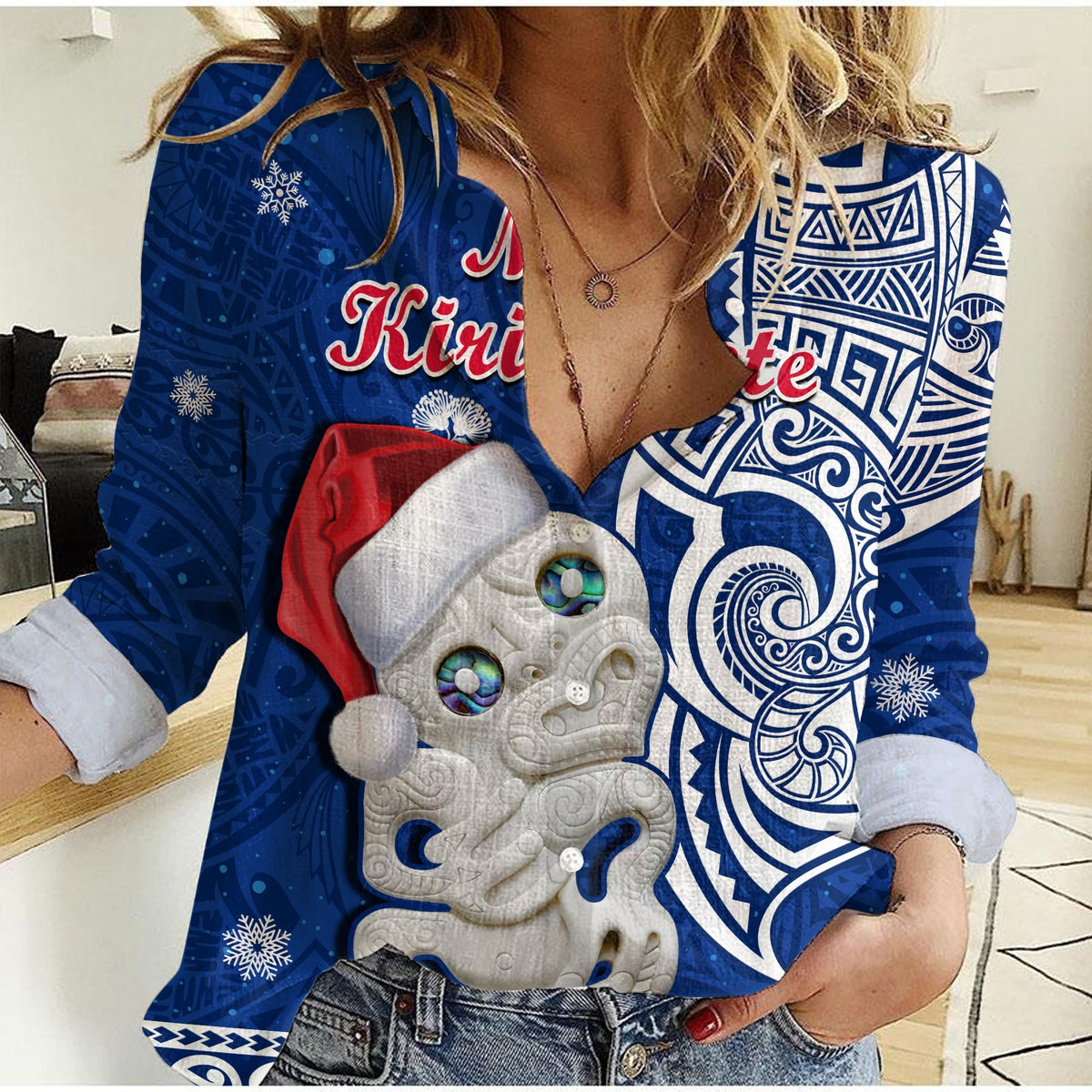 New Zealand Christmas Women Casual Shirt Hei Tiki Blue Pohutukawa Meri Kirihimete - Wonder Print Shop
