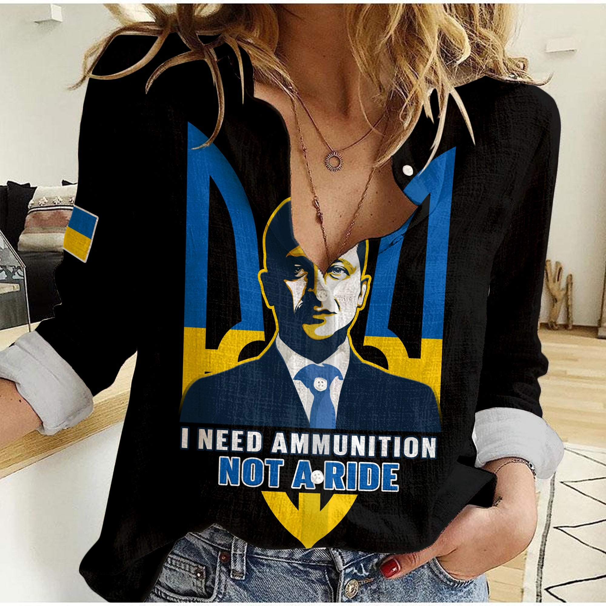 ukraine-women-casual-shirt-ukrainian-president-i-need-ammunition-not-a-ride-black