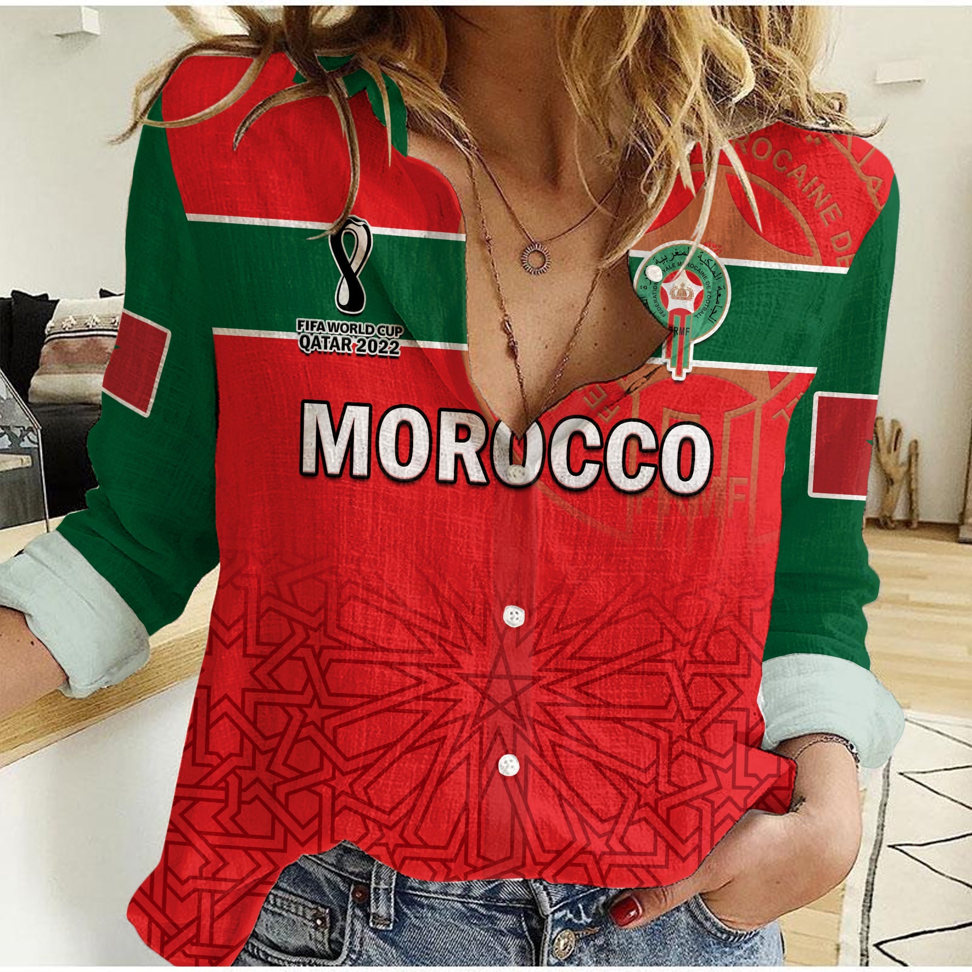 custom-text-and-number-morocco-football-women-casual-shirt-atlas-lions-red-world-cup-2022