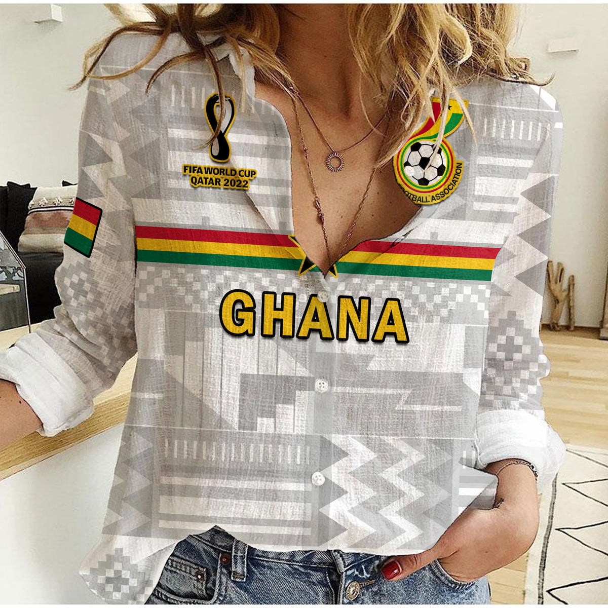 (Custom Text And Number) Ghana Football Women Casual Shirt Black Stars Kente World Cup 2022 White - Wonder Print Shop
