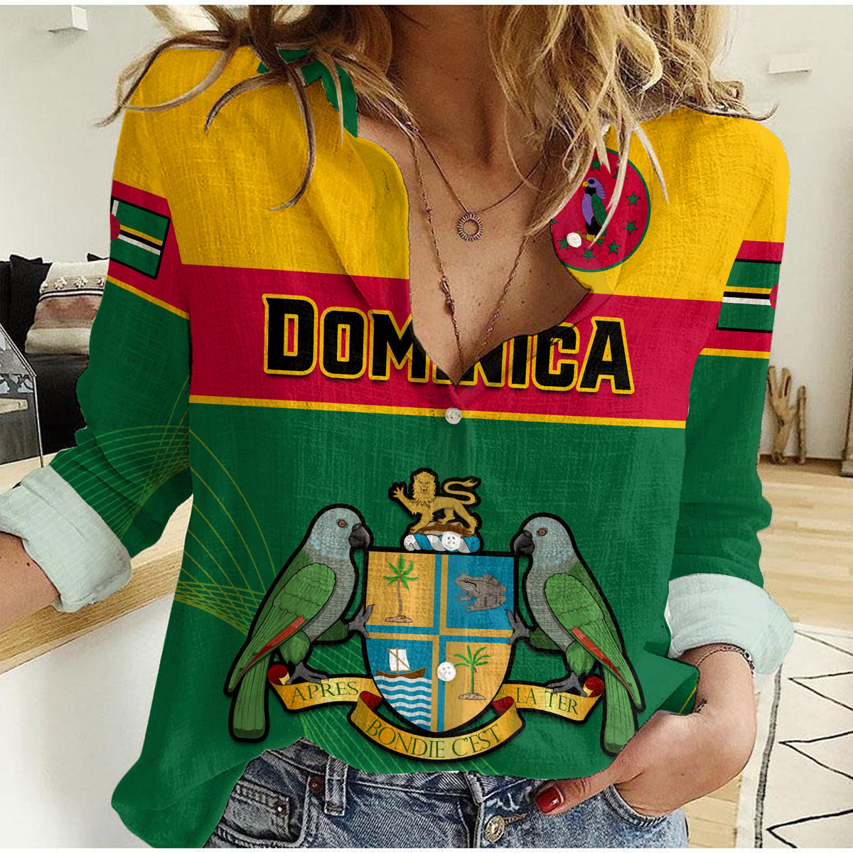 (Custom Personalised) Dominica Women Casual Shirt Dominican Coat Of Arms With Map - Wonder Print Shop