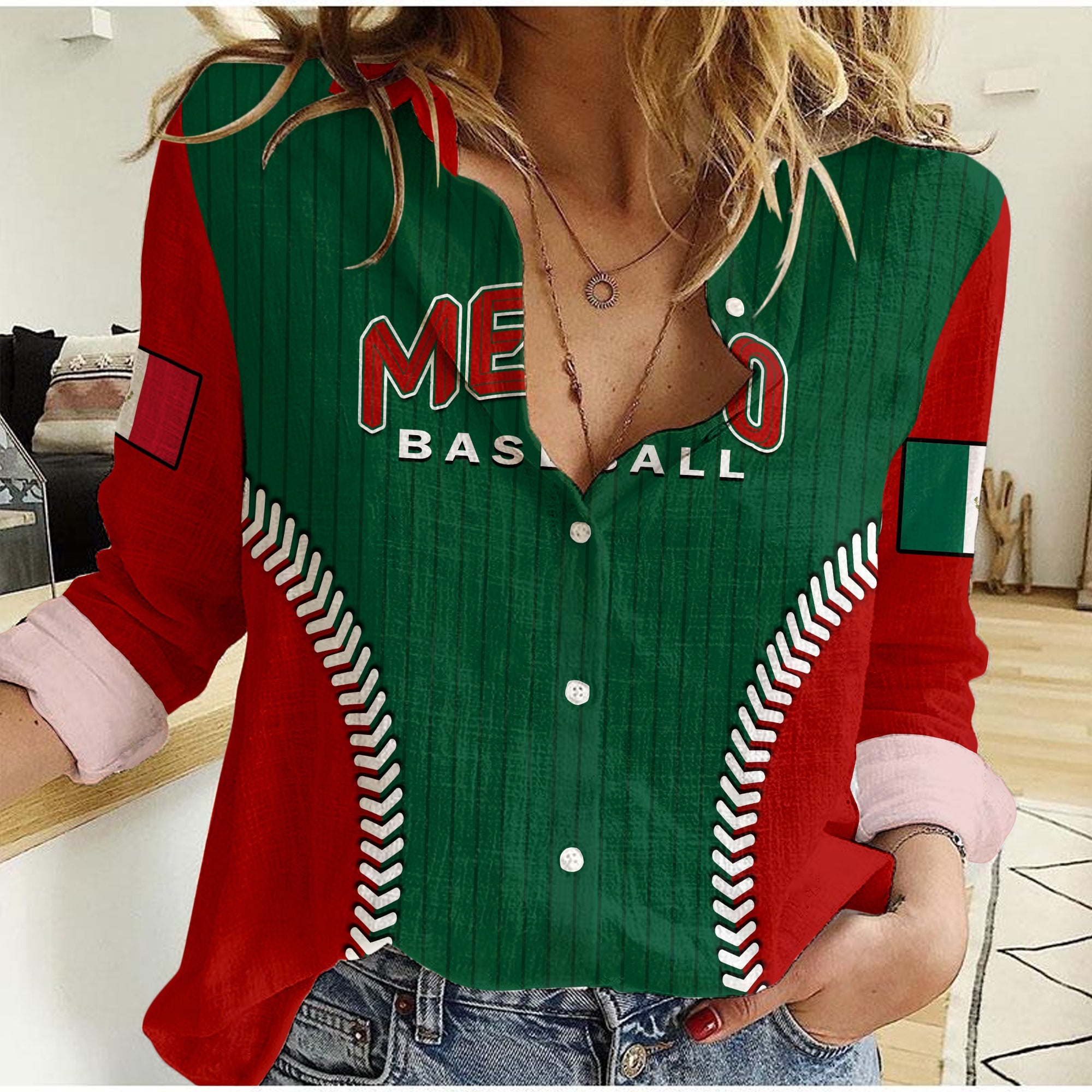 (Custom Text And Number) Mexico Women Casual Shirt Baseball Sporty Style - Wonder Print Shop