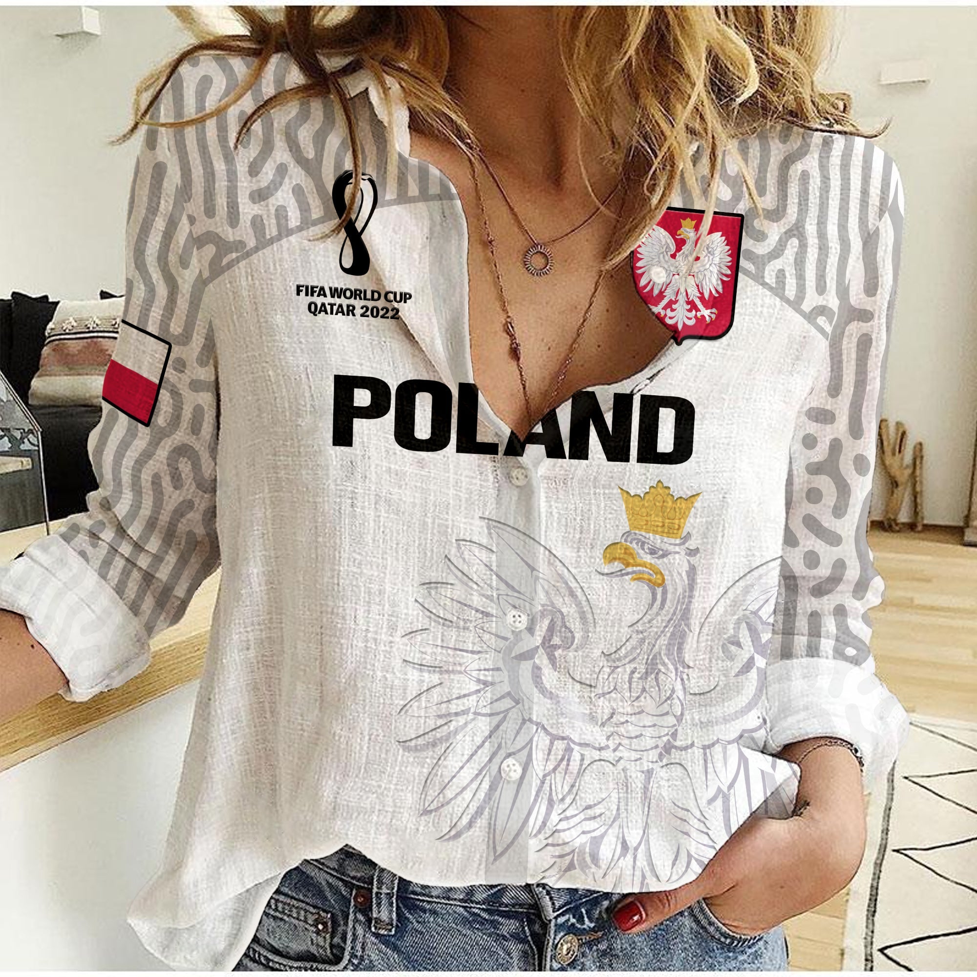 (Custom Text And Number) Poland Football Women Casual Shirt Polska World Cup 2022 White - Wonder Print Shop