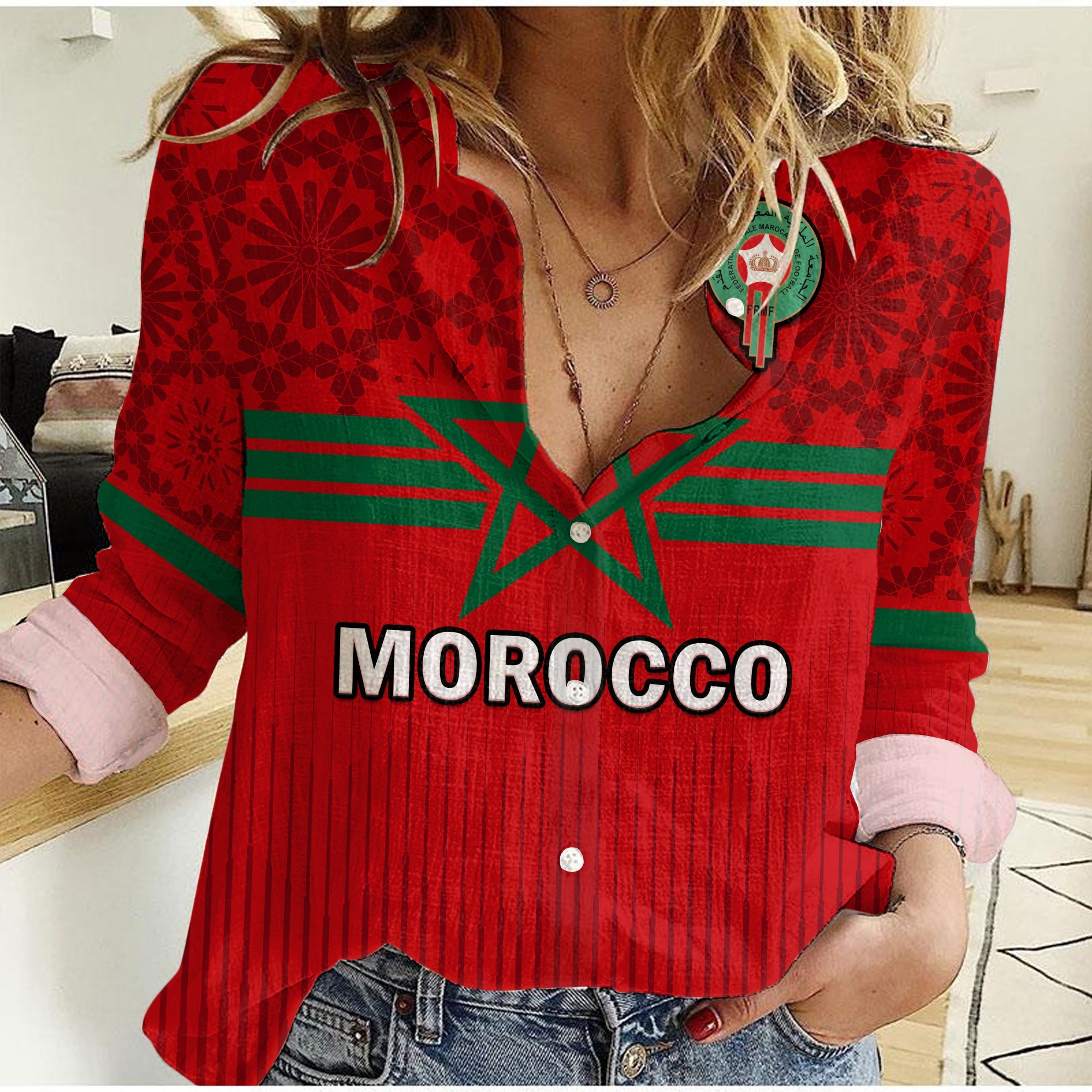 (Custom Text And Number) Morocco Football Women Casual Shirt World Cup 2022 Red Moroccan Pattern - Wonder Print Shop