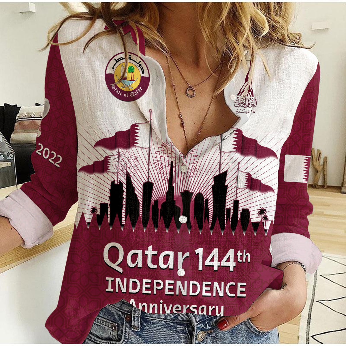 Qatar Women Casual Shirt Happy 144th Independence Anniversary Mix World Cup 2022 - Wonder Print Shop
