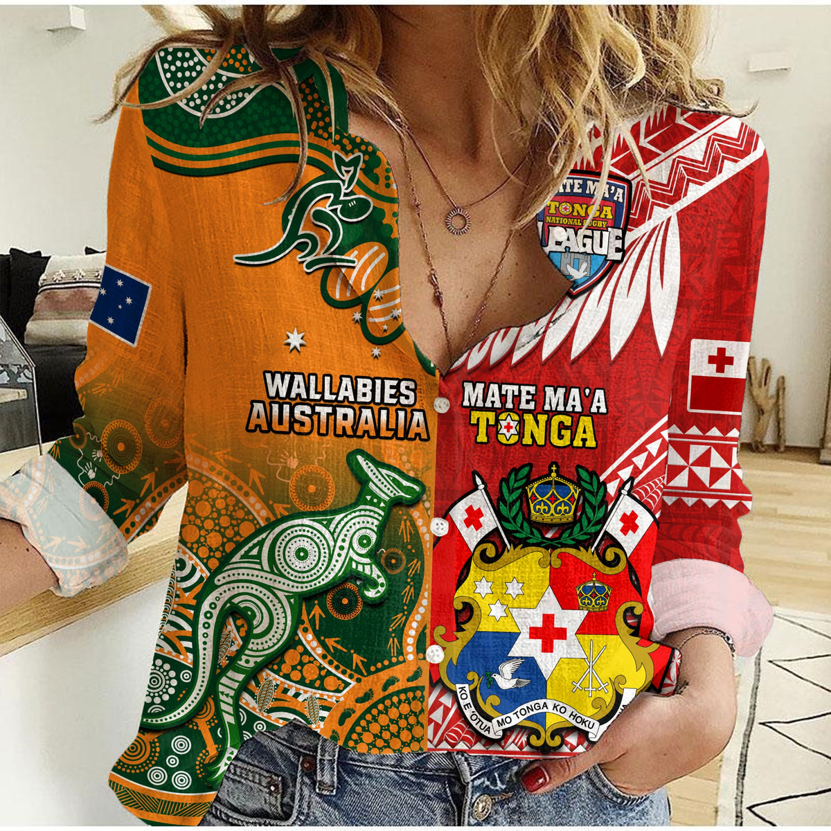 (Custom Personalised) Mate Maa Tonga And Wallabies Rugby Women Casual Shirt Polynesian Mix Aboriginal - Wonder Print Shop