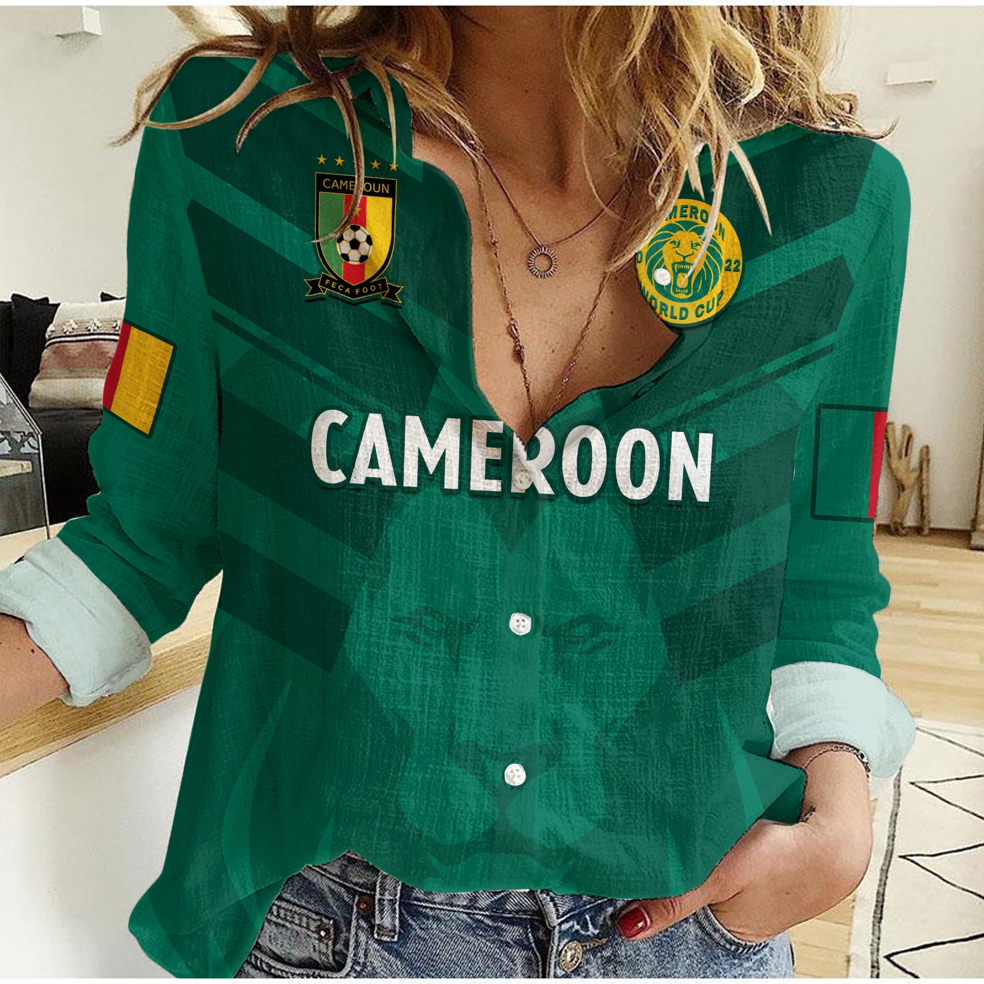 custom-text-and-number-cameroon-football-women-casual-shirt-les-lions-indomptables-green-world-cup-2022