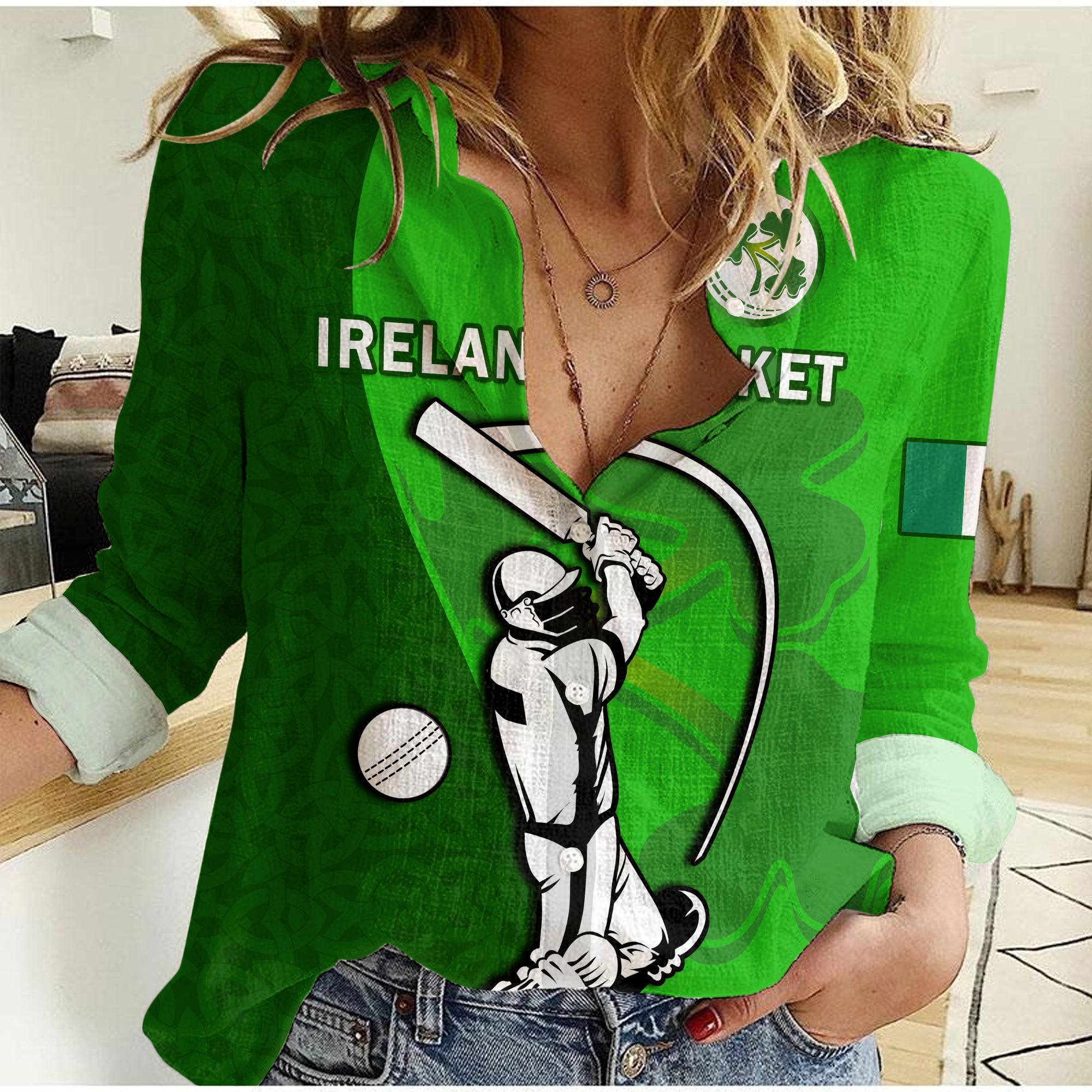 (Custom Text And Number) Ireland Cricket Women Casual Shirt Irish Flag Celtic Cross Sporty Style - Wonder Print Shop