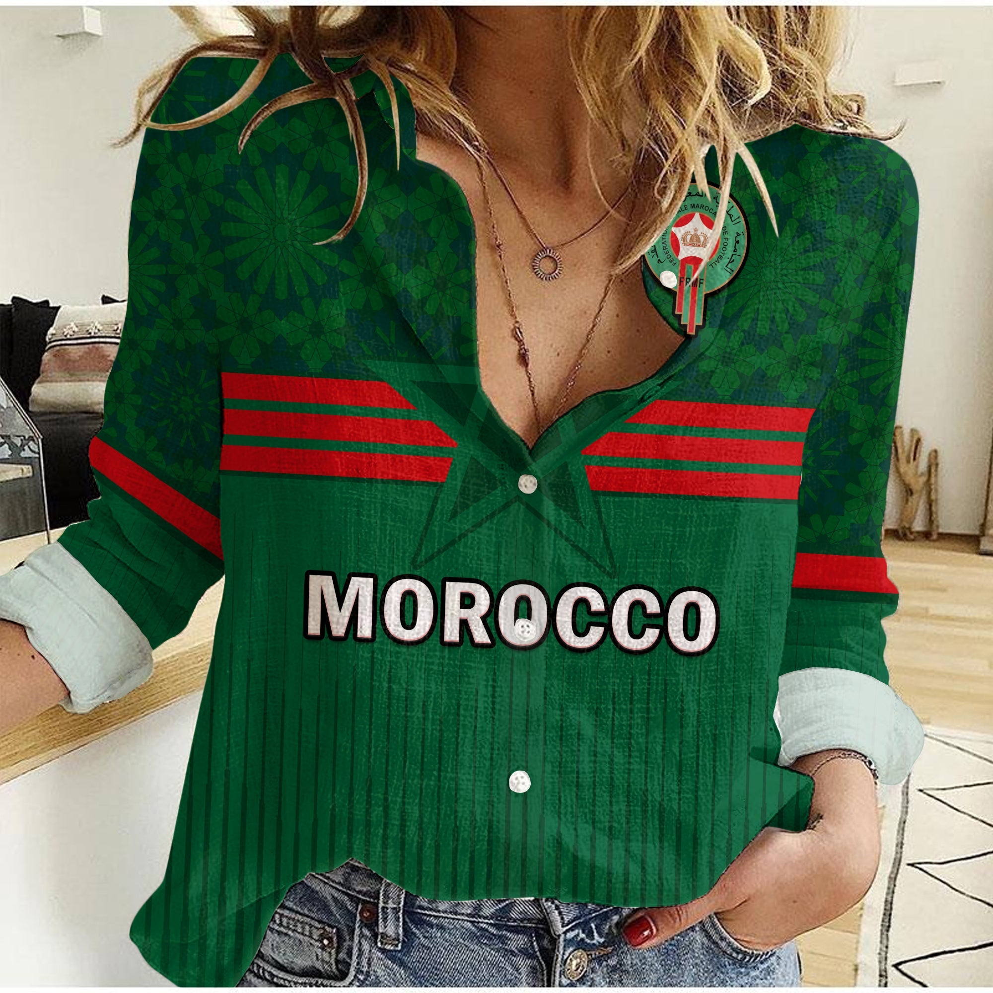 custom-text-and-number-morocco-football-women-casual-shirt-world-cup-2022-green-moroccan-pattern