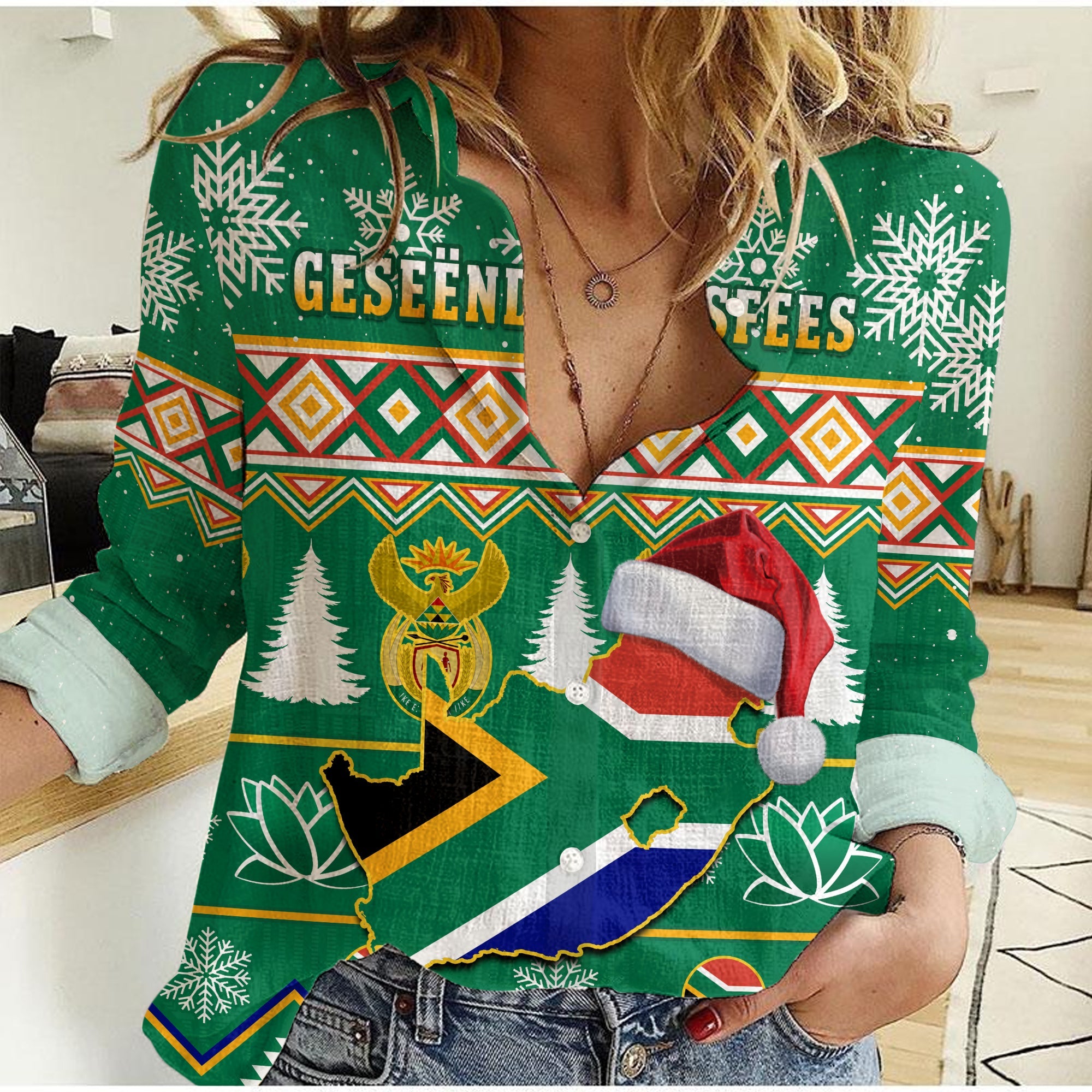 custom-personalised-south-africa-christmas-women-casual-shirt-king-protea-geseende-kersfees