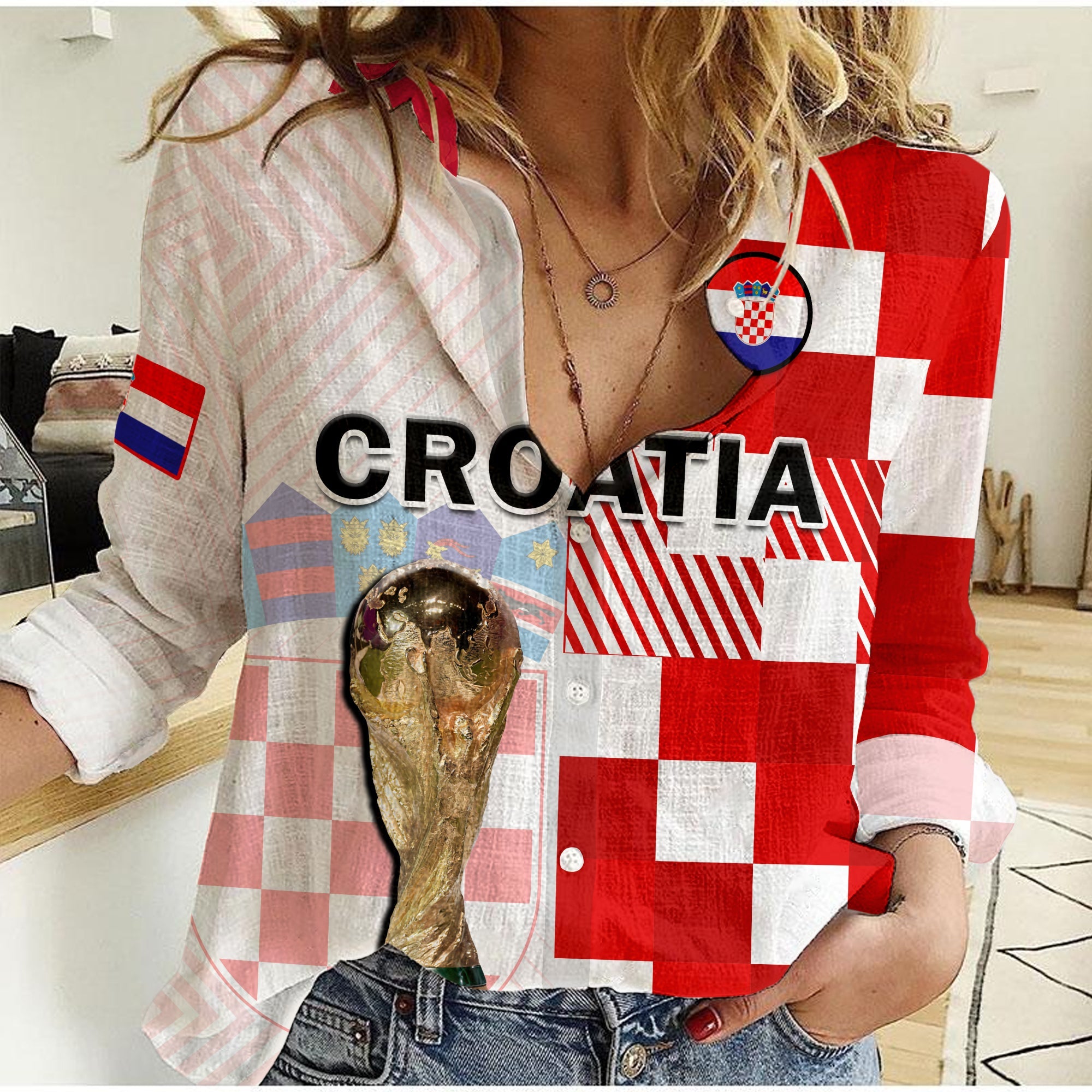 Croatia Football Women Casual Shirt Hrvatska Checkerboard Champions WC 2022 - Wonder Print Shop