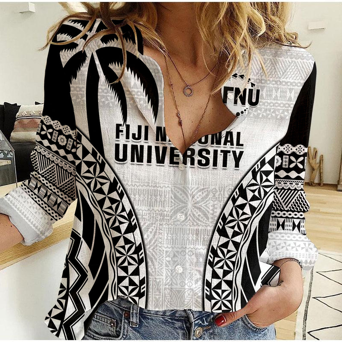 Fiji University Women Casual Shirt National Fijian Tapa Pattern White - Wonder Print Shop