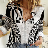 Fiji University Women Casual Shirt National Fijian Tapa Pattern White - Wonder Print Shop