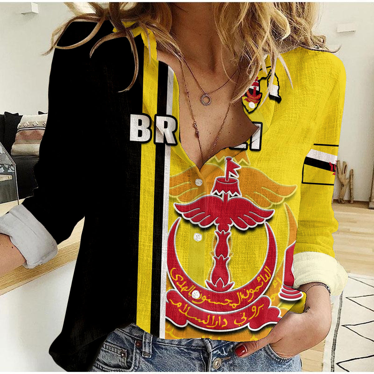 Brunei Women Casual Shirt Happy Independence Day With Coat Of Arms - Wonder Print Shop