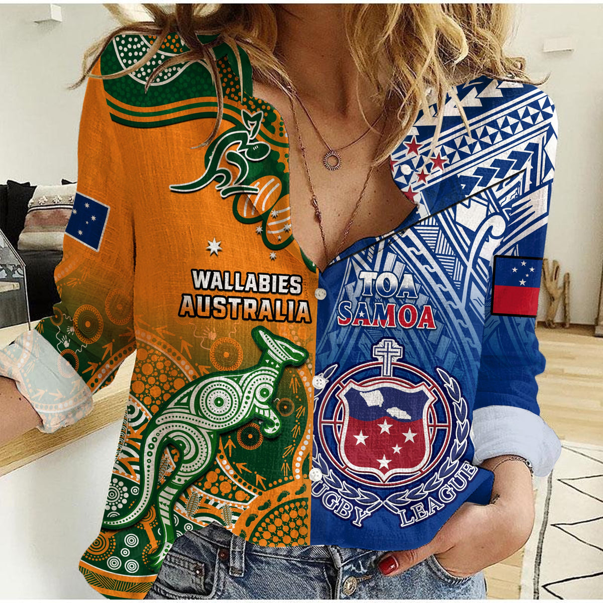 (Custom Personalised) Australia Wallabies And Toa Samoa Rugby Women Casual Shirt Aboriginal Mix Polynesian - Wonder Print Shop