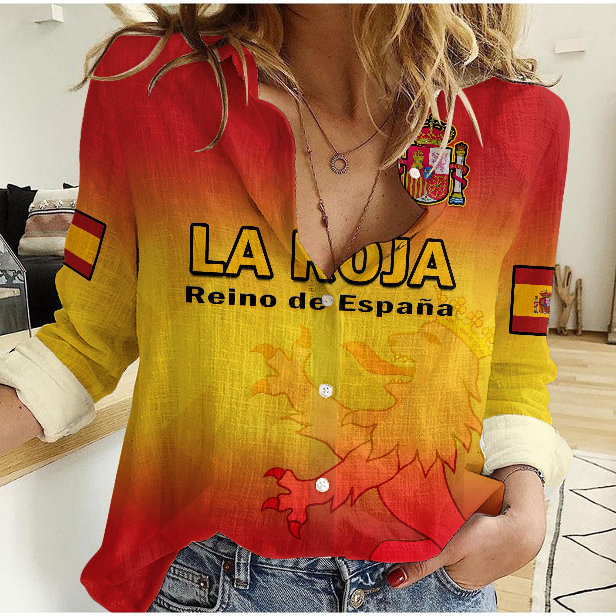 (Custom Text And Number) Spain Football Women Casual Shirt La Roja World Cup 2022 - Wonder Print Shop