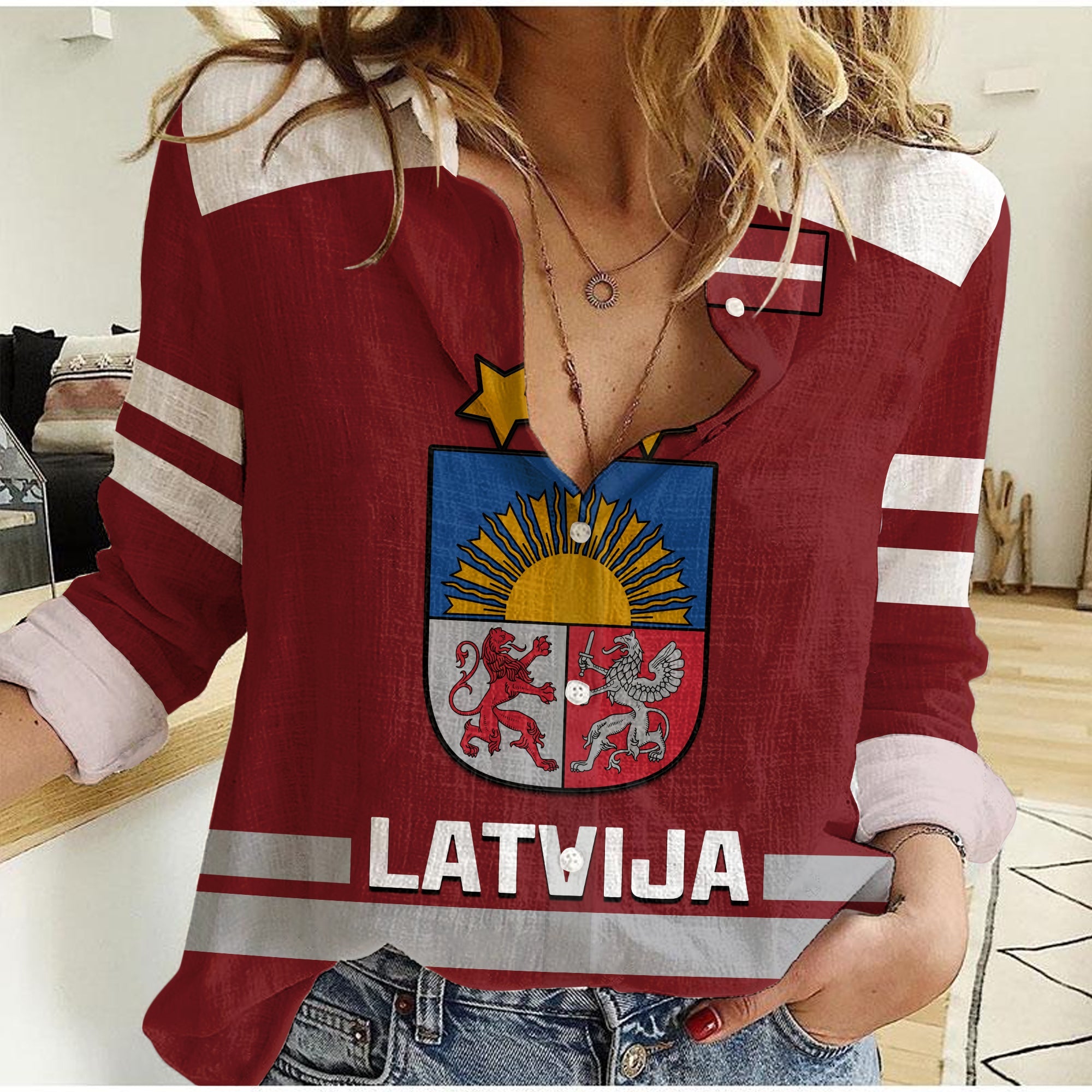 custom-text-and-number-latvia-hockey-2023-women-casual-shirt-red-sporty-style