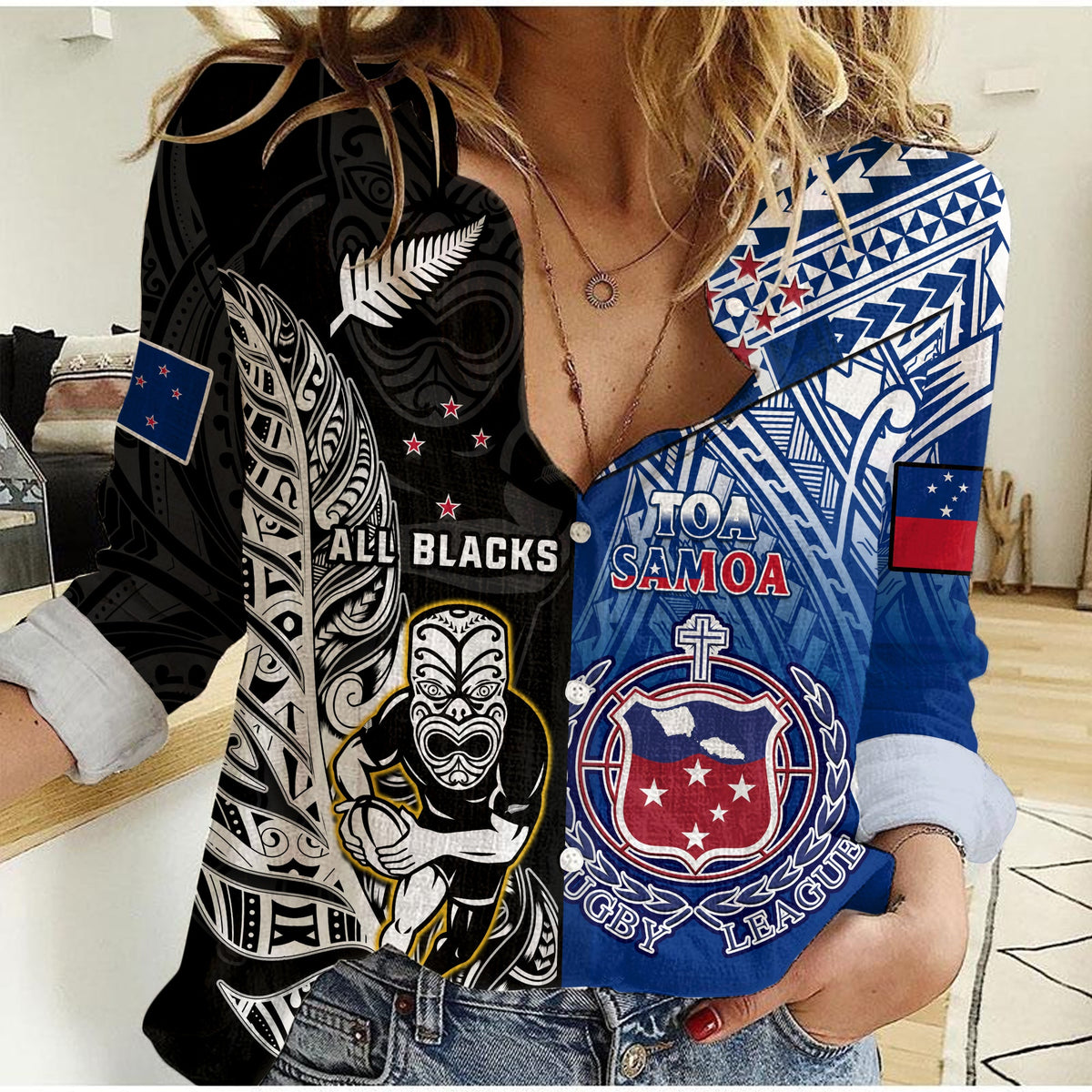 (Custom Personalised) All Black And Toa Samoa Rugby Women Casual Shirt NZ Maori Fern Mix Polynesian - Wonder Print Shop