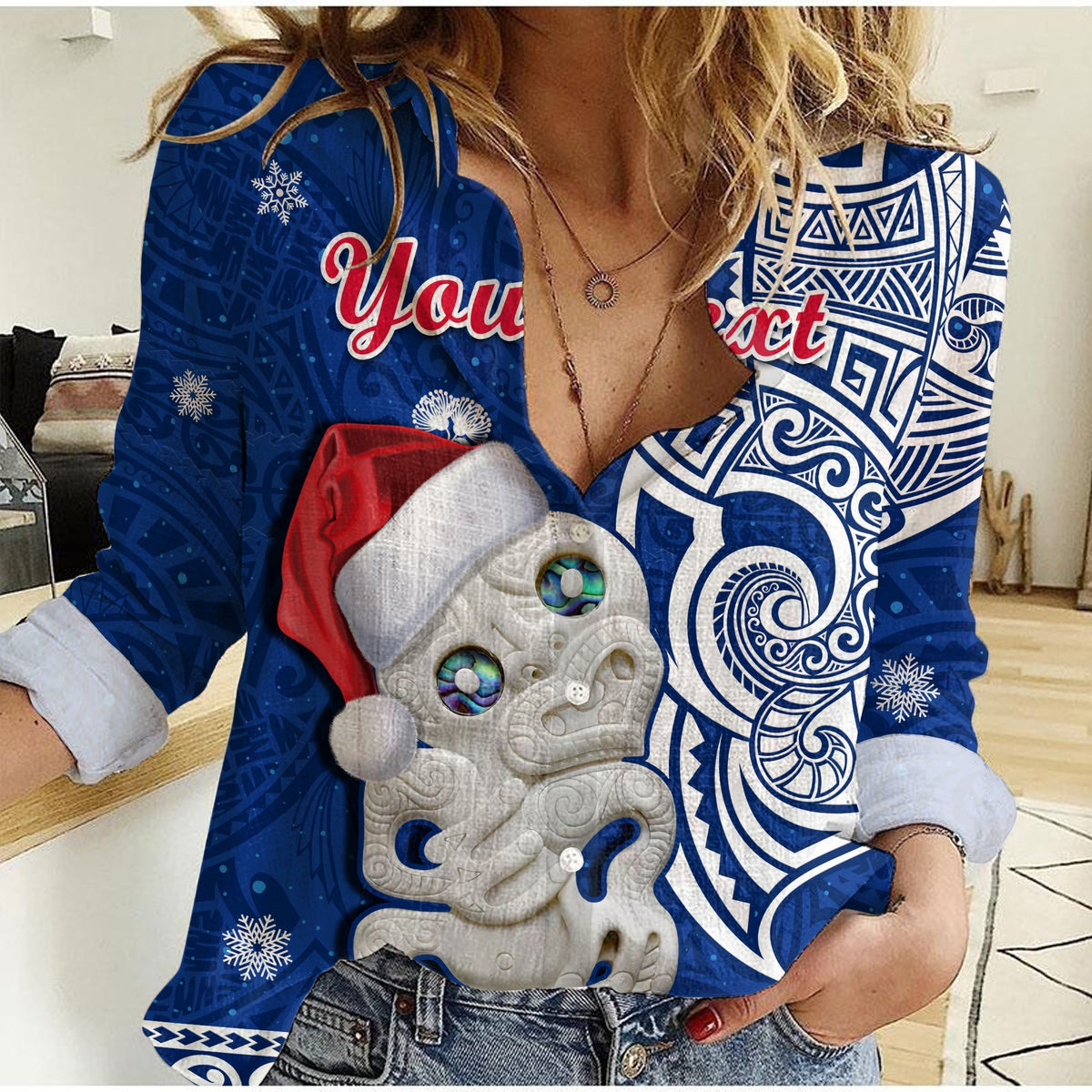 Custom Personalised New Zealand Christmas Women Casual Shirt Hei Tiki Blue Pohutukawa Meri Kirihimete - Wonder Print Shop