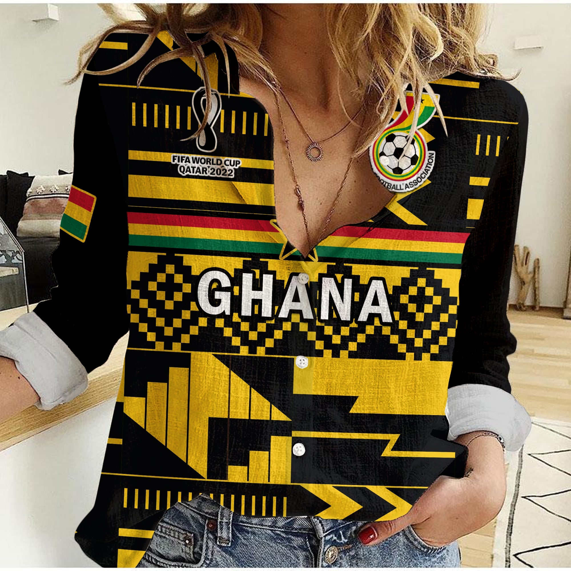custom-text-and-number-ghana-football-women-casual-shirt-black-stars-kente-world-cup-2022-yellow