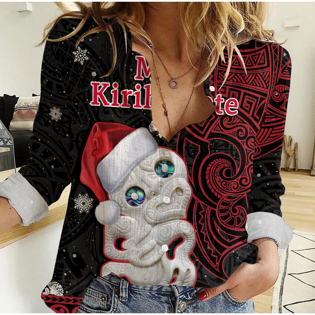 New Zealand Christmas Women Casual Shirt Hei Tiki Red Pohutukawa Meri Kirihimete - Wonder Print Shop