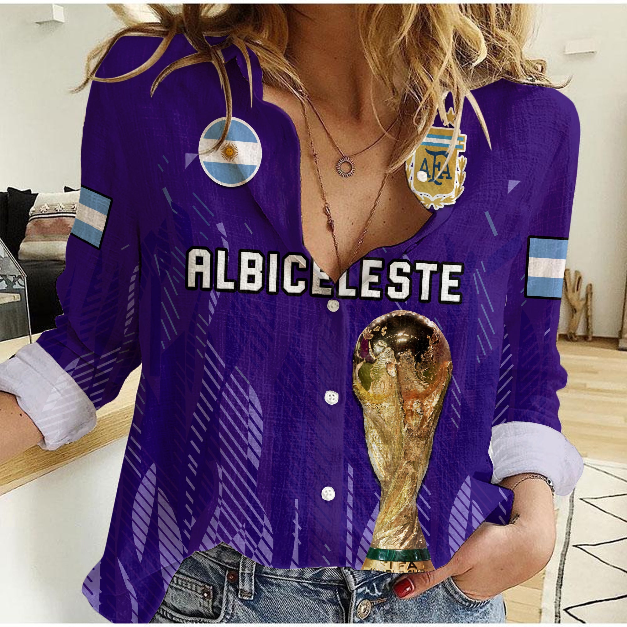 Argentina Football Women Casual Shirt La Albiceleste Campeon Proud Purple 2022 - Wonder Print Shop