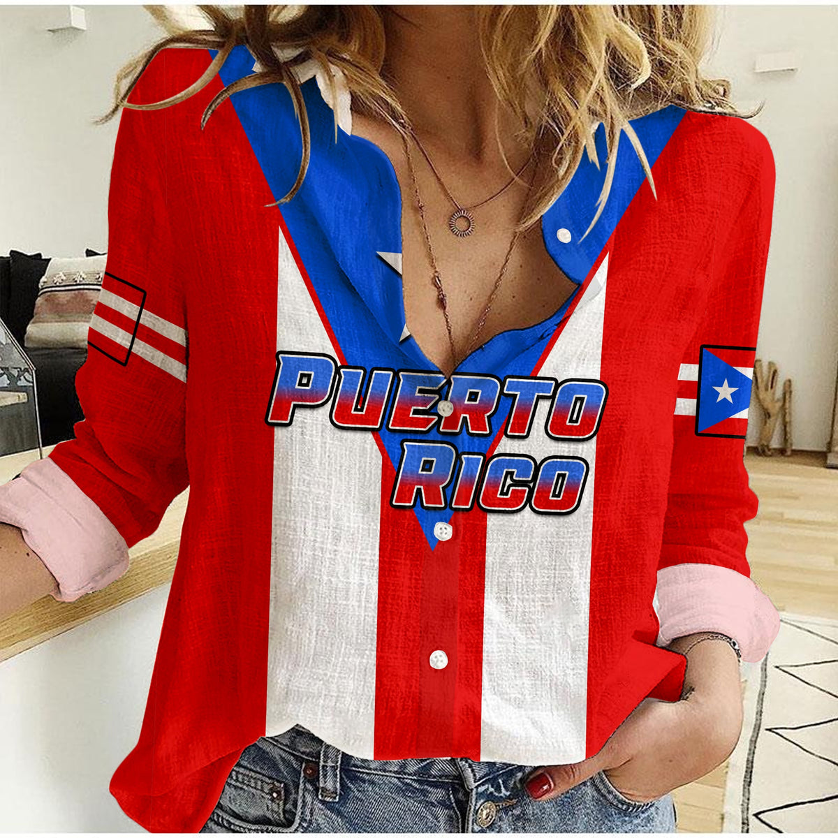 Puerto Rico Women Casual Shirt Coat Of Arms Mix Flag - Wonder Print Shop