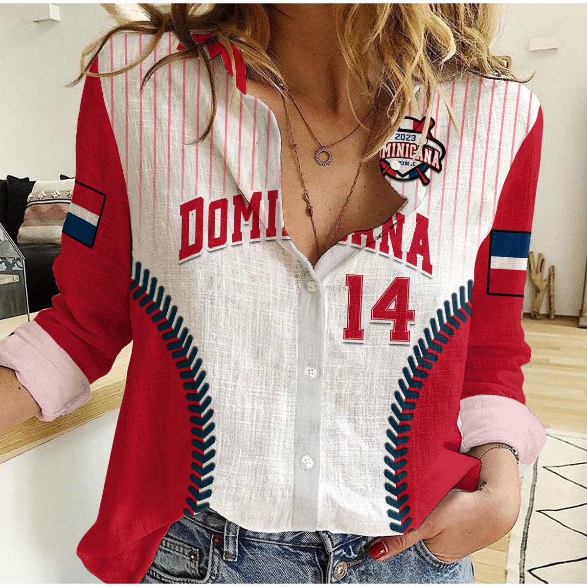(Custom Text And Number) Dominican Republic Baseball 2023 Women Casual Shirt Version White - Wonder Print Shop