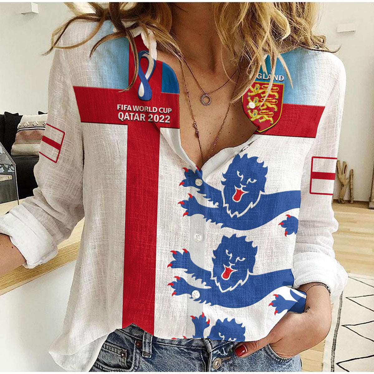 England Football Women Casual Shirt Three Lions Champions World Cup 2022 - Wonder Print Shop