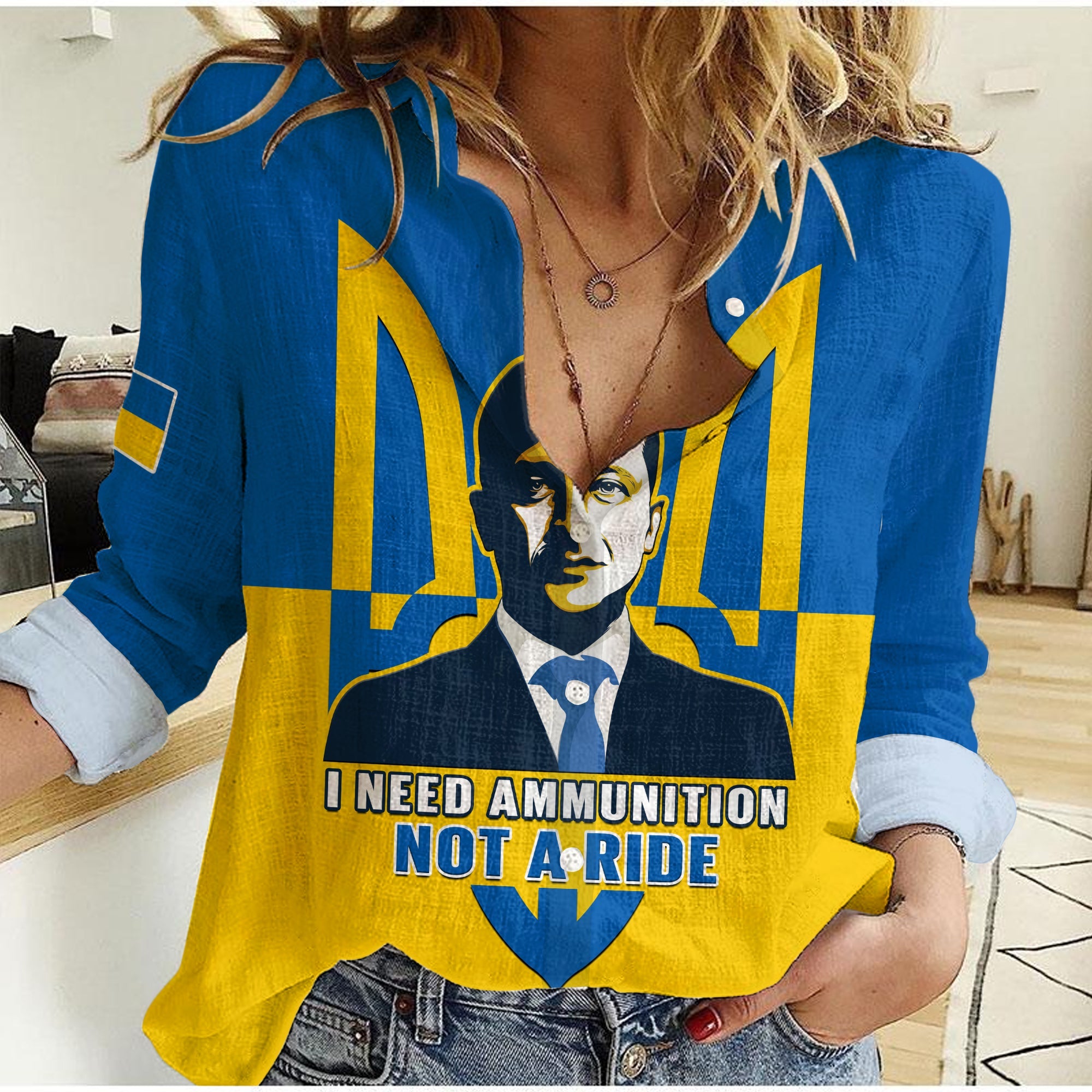 ukraine-women-casual-shirt-ukrainian-president-i-need-ammunition-not-a-ride-blue