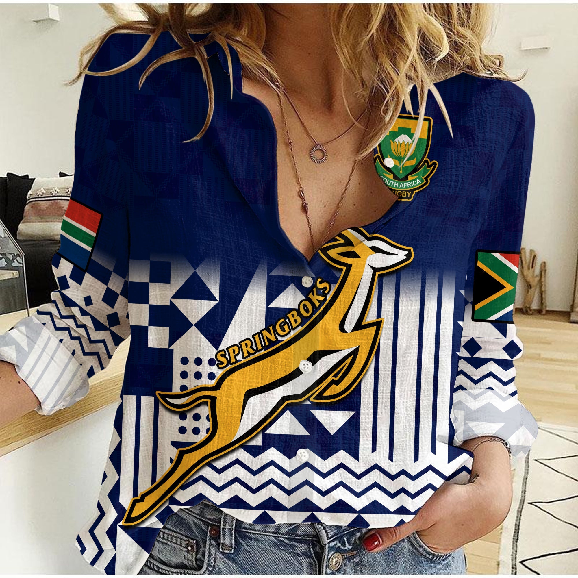 (Custom Text And Number) South Africa Rugby Women Casual Shirt Outgoing Tour Go Springboks - Wonder Print Shop