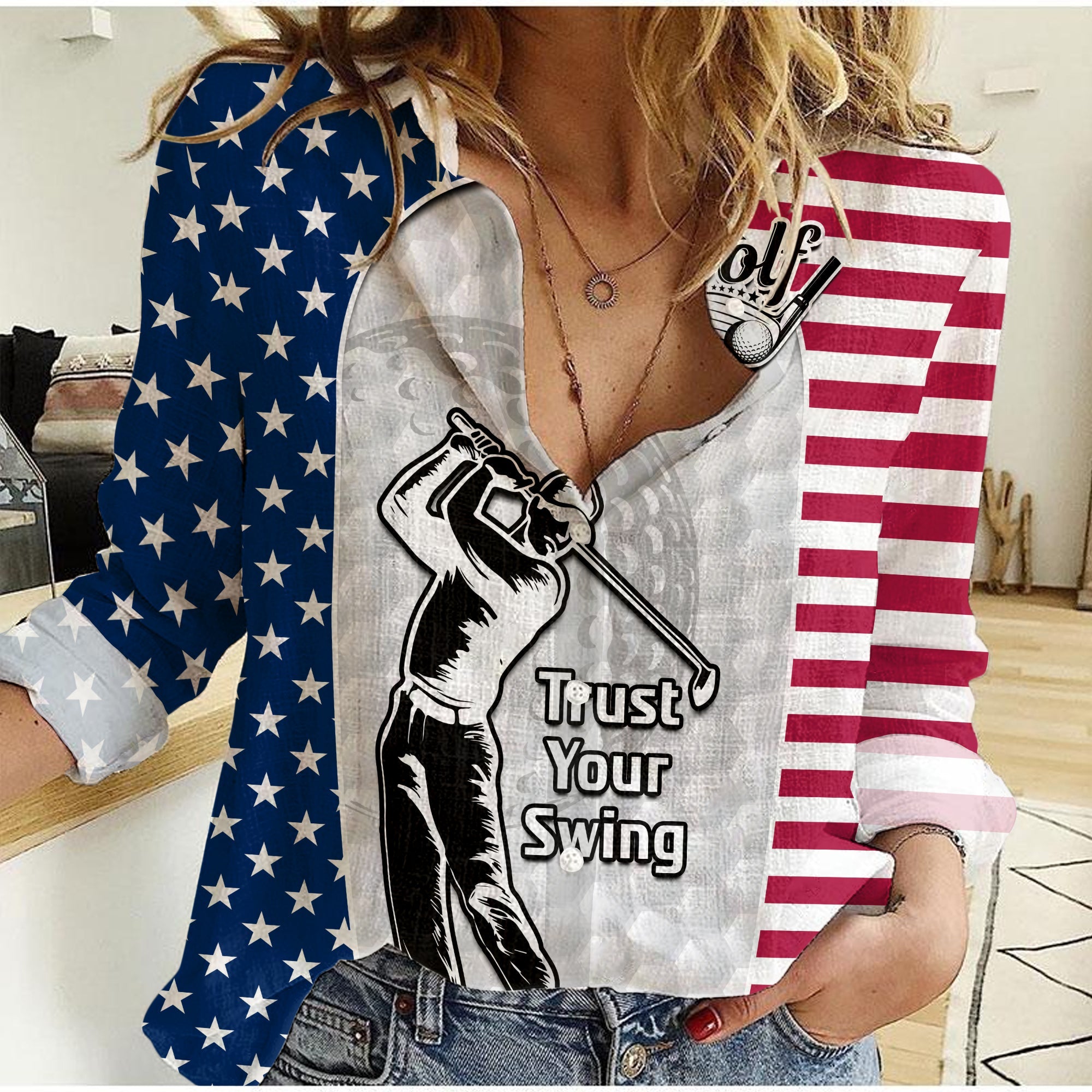(Custom Personalised) American Flag Golf Women Casual Shirt Gofl Lovers Trust Your Swing - Wonder Print Shop