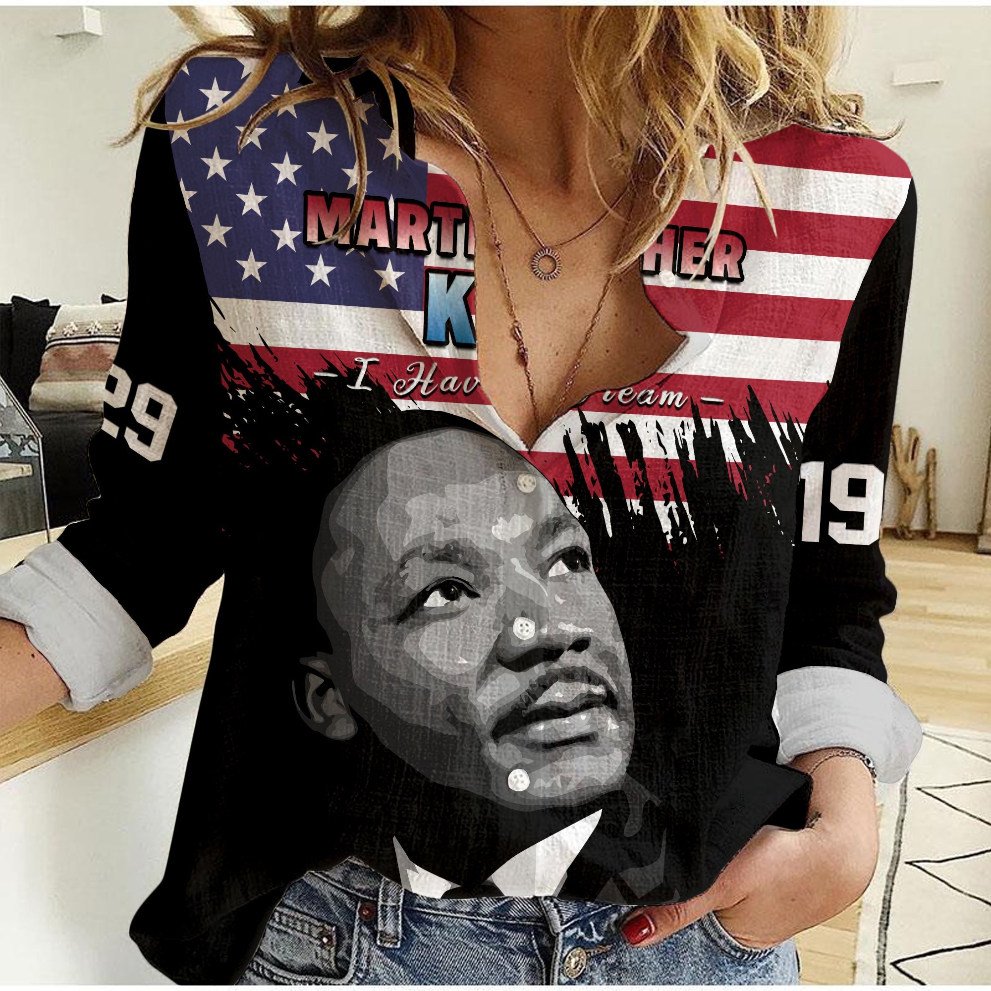(Custom Personalised) United States Women Casual Shirt United States Happy MLK Day Flag Grunge Style - Wonder Print Shop