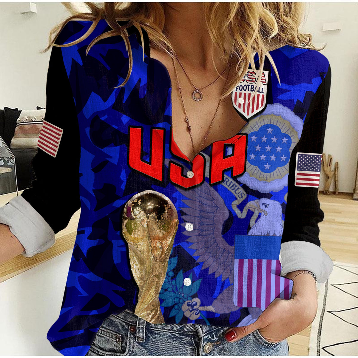 (Custom Text And Number) USA Football Women Casual Shirt The Yanks Champions WC 2022 - Wonder Print Shop
