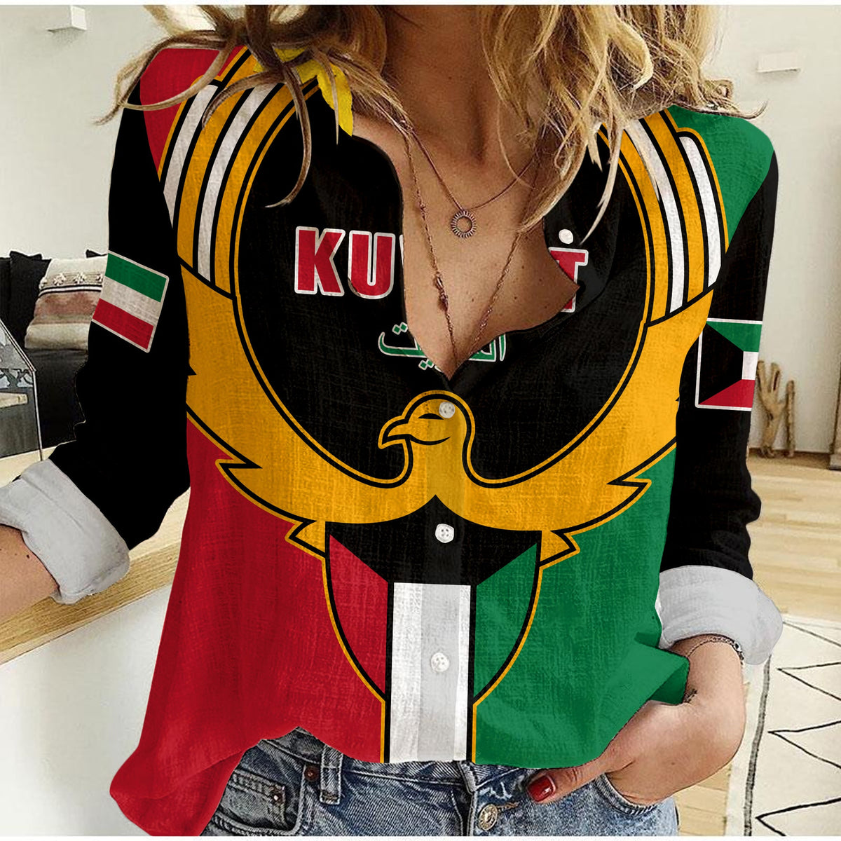 Kuwait Women Casual Shirt Happy Independence Day With Coat Of Arms - Wonder Print Shop