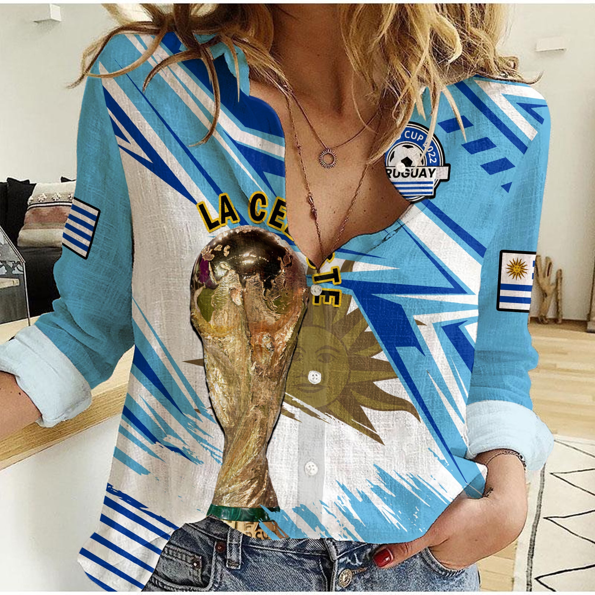 (Custom Text And Number) Uruguay Football Women Casual Shirt La Celeste WC 2022 Sporty Style - Wonder Print Shop