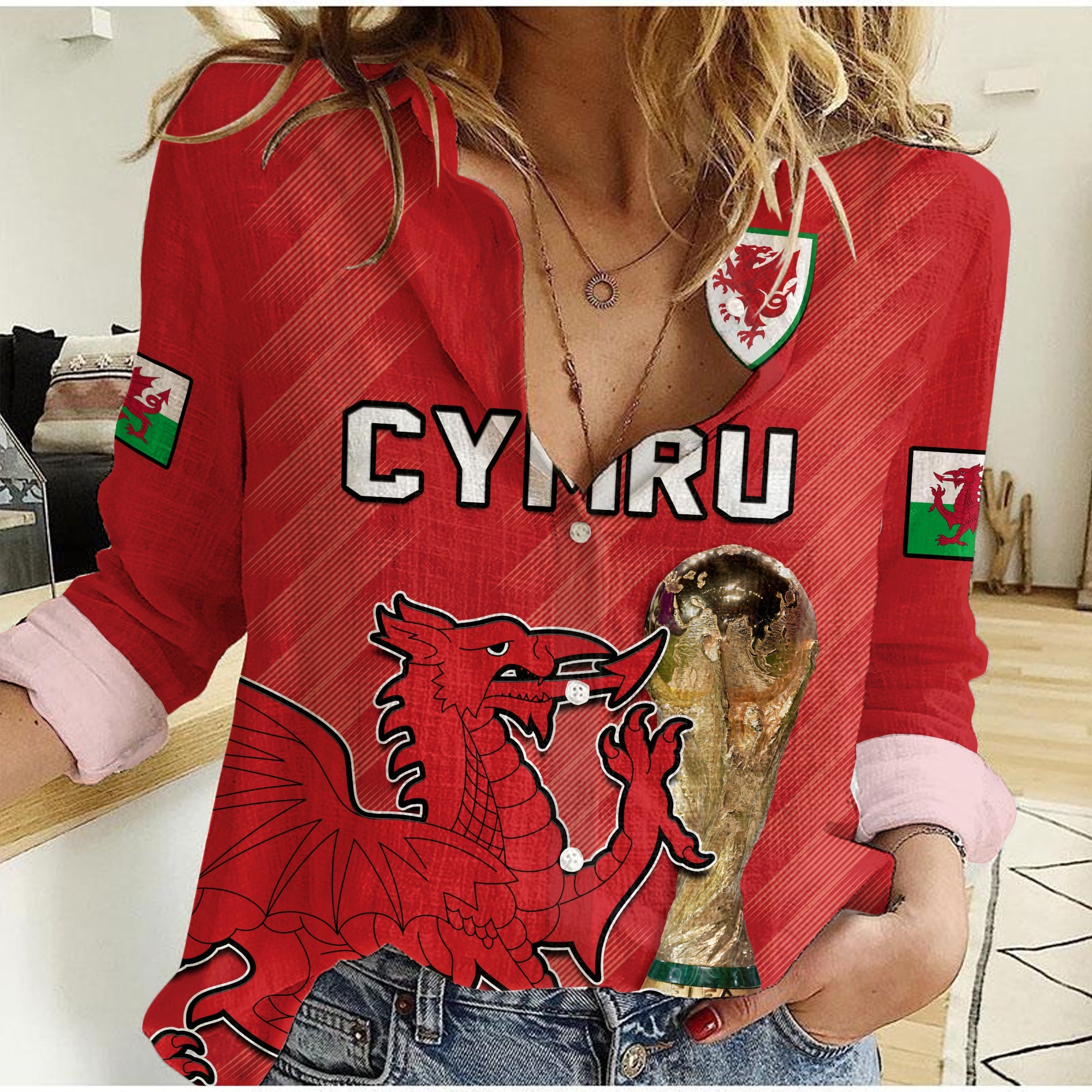 Wales Football Women Casual Shirt Cymru Champions World Cup 2022 - Wonder Print Shop