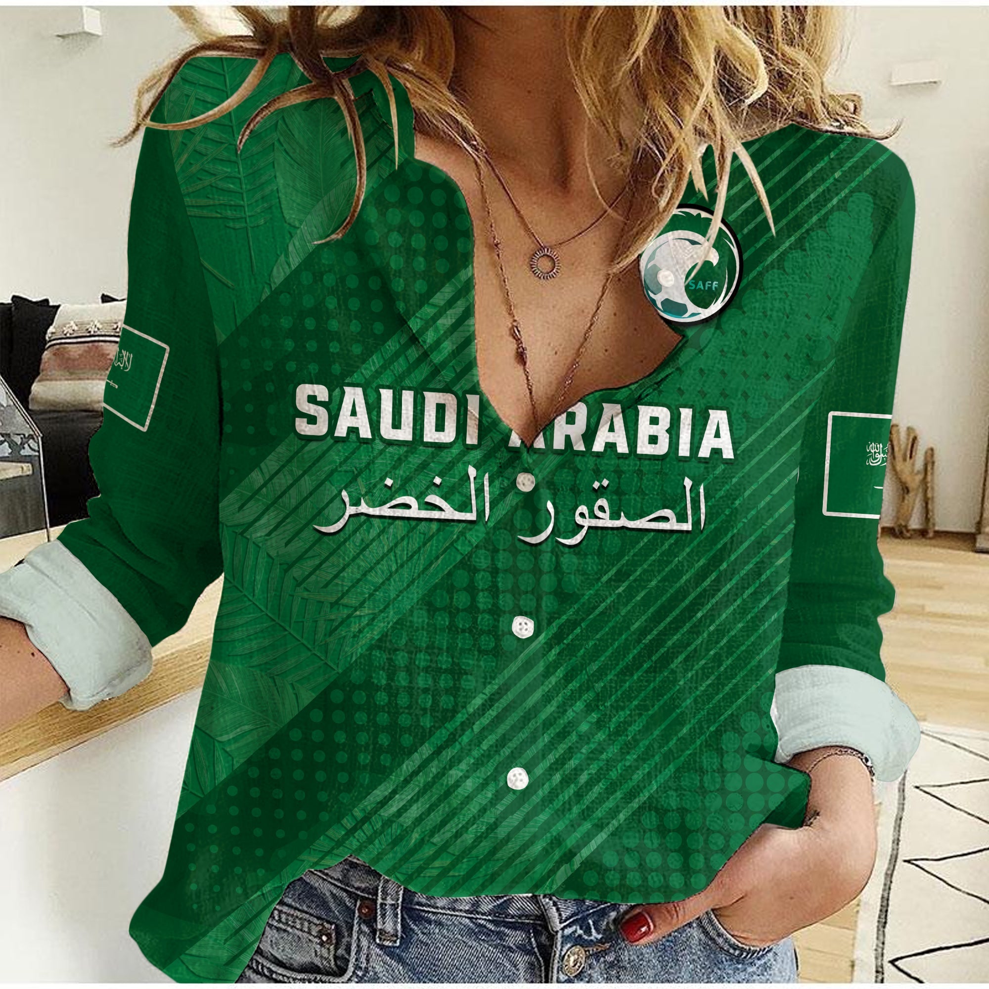 custom-text-and-number-saudi-arabia-football-women-casual-shirt-green-falcons-world-cup-2022