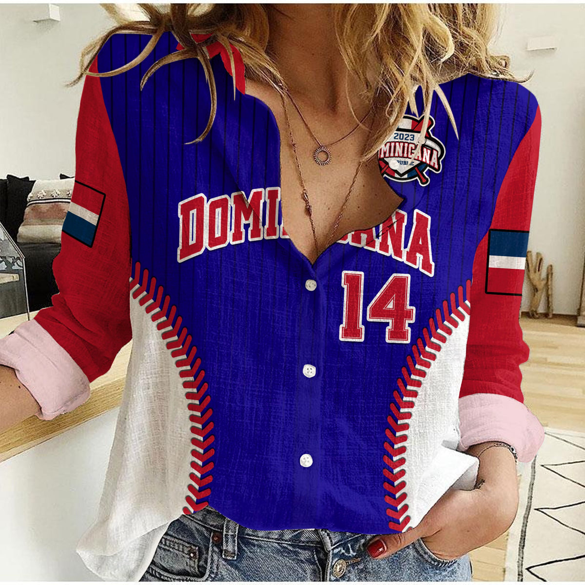 (Custom Text And Number) Dominican Republic Baseball 2023 Women Casual Shirt Version Blue - Wonder Print Shop