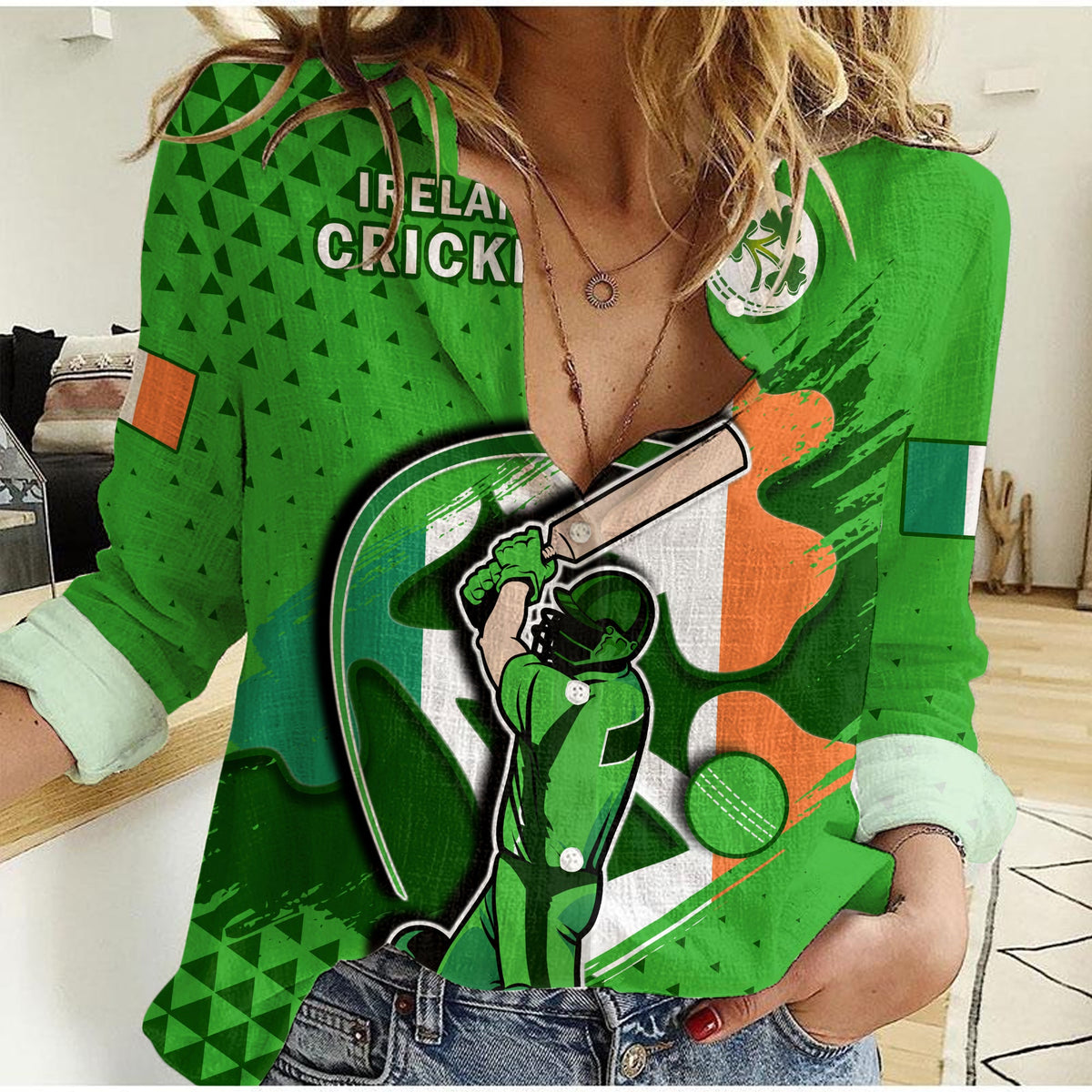 (Custom Text And Number) Ireland Cricket Women Casual Shirt Irish Flag Shamrock Sporty Style - Wonder Print Shop