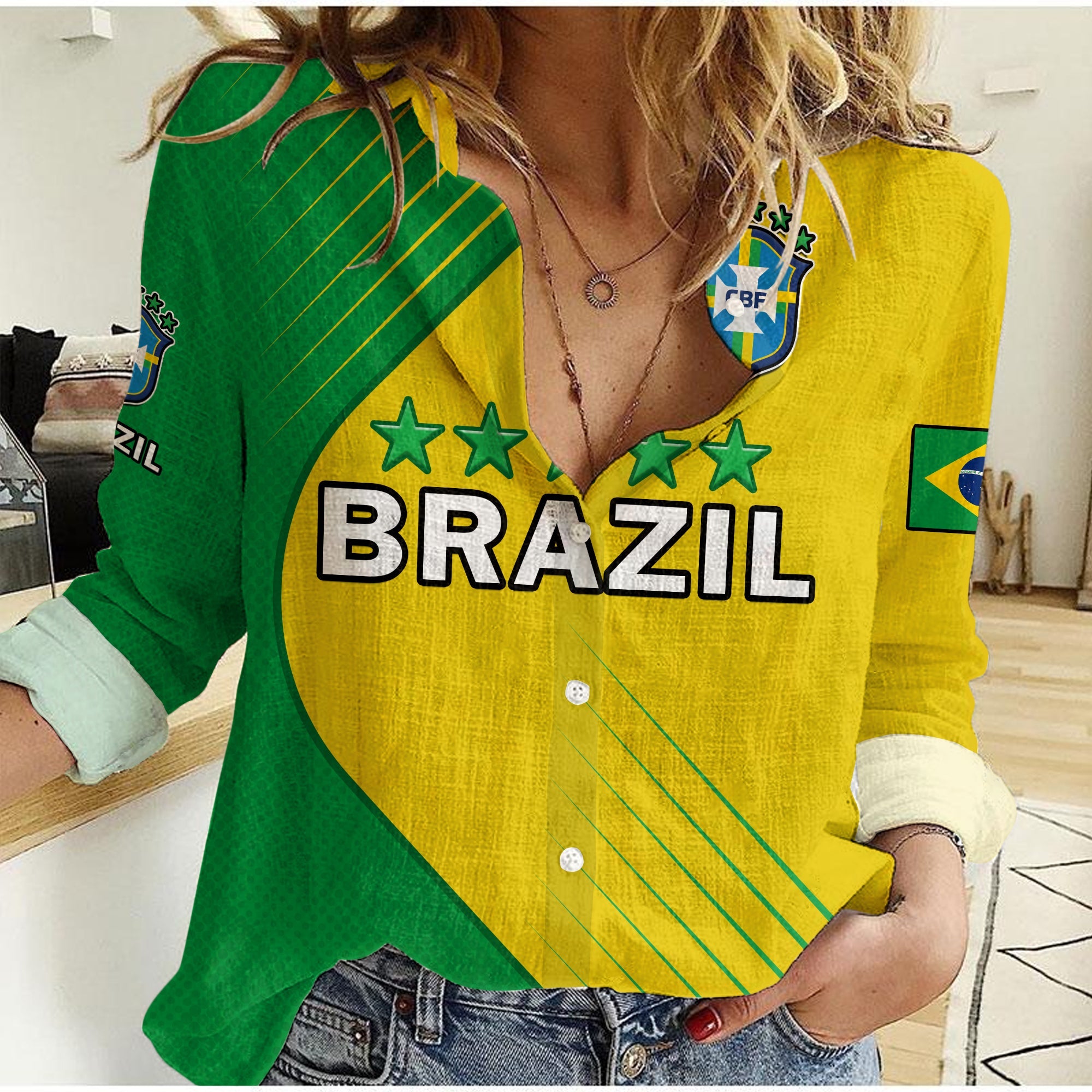 Brazil Football Women Casual Shirt Brasil Map Come On Canarinho Sporty Style - Wonder Print Shop