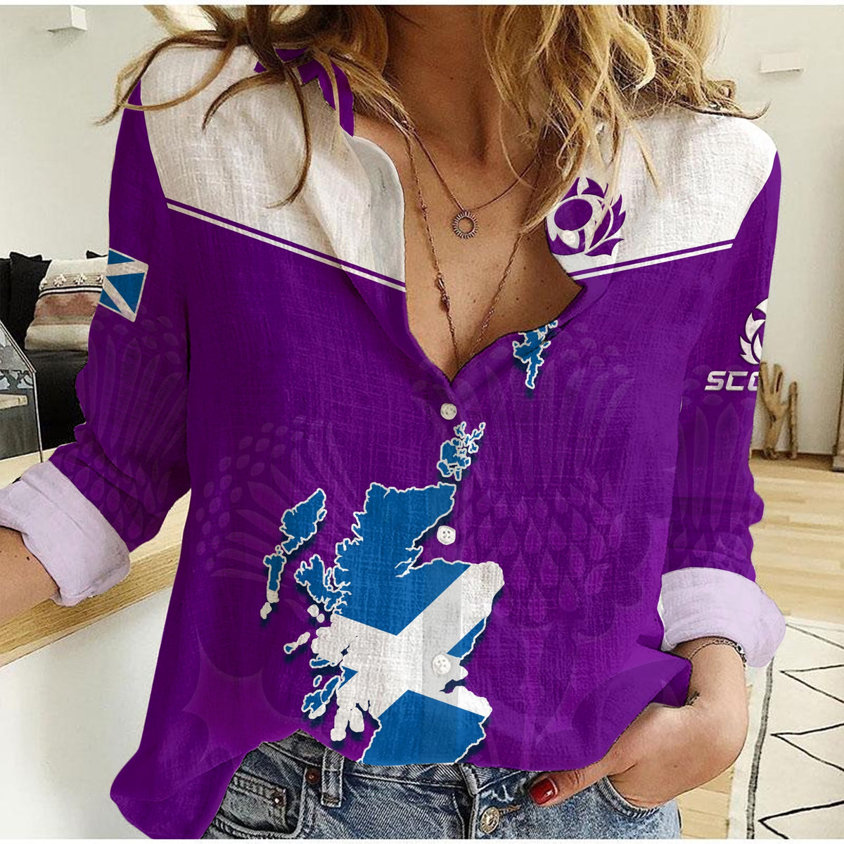 Scottish Rugby Women Casual Shirt Map Of Scotland Thistle Purple Version - Wonder Print Shop