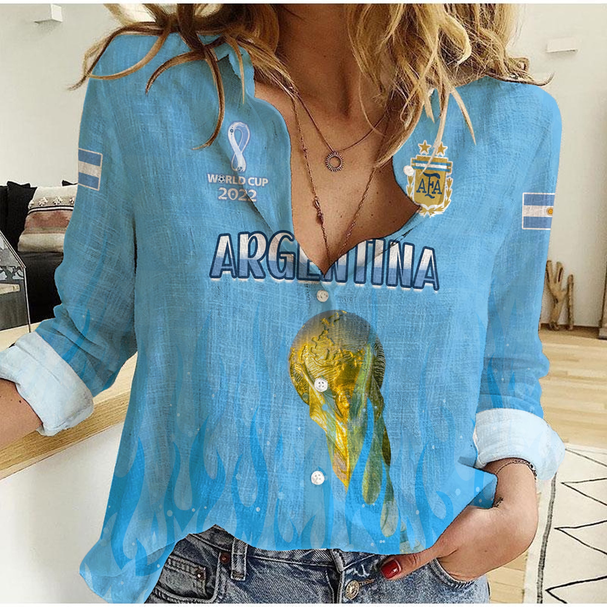 (Custom Text and Number) Argentina Football Women Casual Shirt Vamos Sky Champions World Cup Fire LT13 - Wonder Print Shop