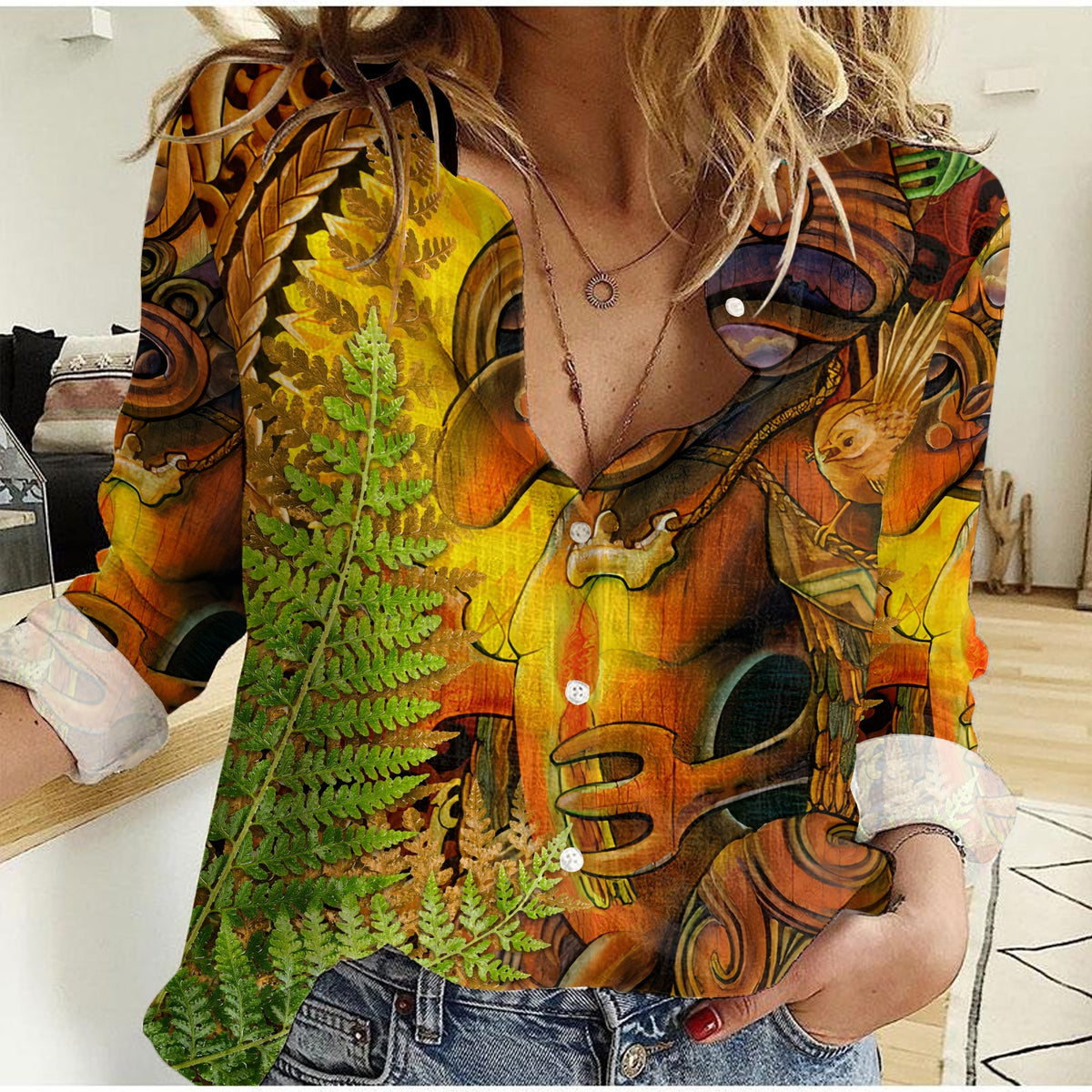 Custom Personalised Hei Tiki Maori Women Casual Shirt Fern Aotearoa Ta Moko Sun LT13 - Wonder Print Shop