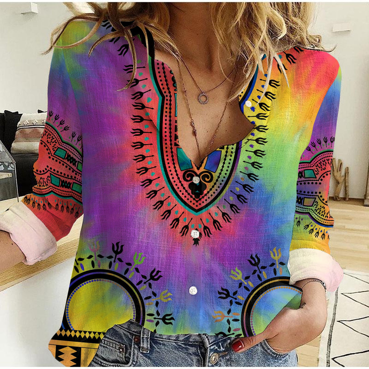 (Custom Personalised) Dashiki Tie Dye Women Casual Shirt Dress African Pattern LT13 - Wonder Print Shop