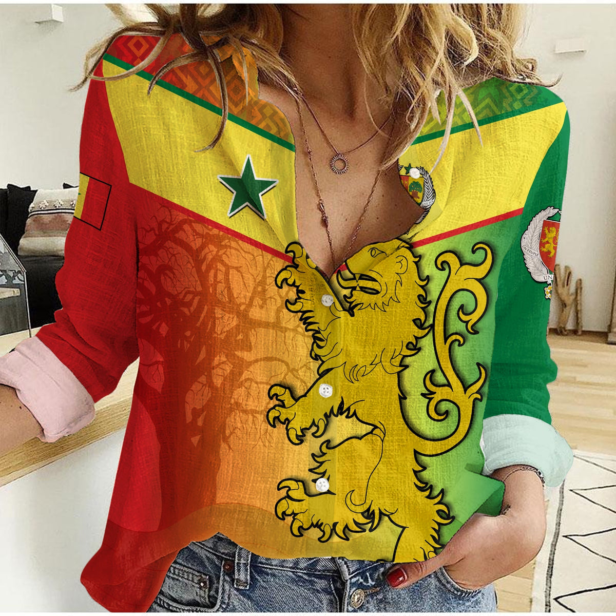 Senegal Women Casual Shirt Lion With Senegal Map Reggae Style - Wonder Print Shop