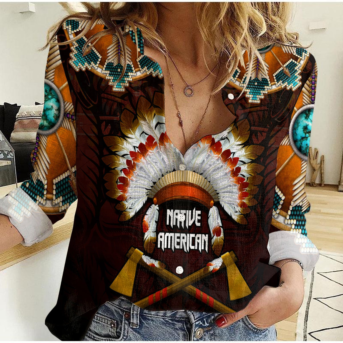 The First Americans Women Casual Shirt Indian Headdress With Skull LT13 - Wonder Print Shop
