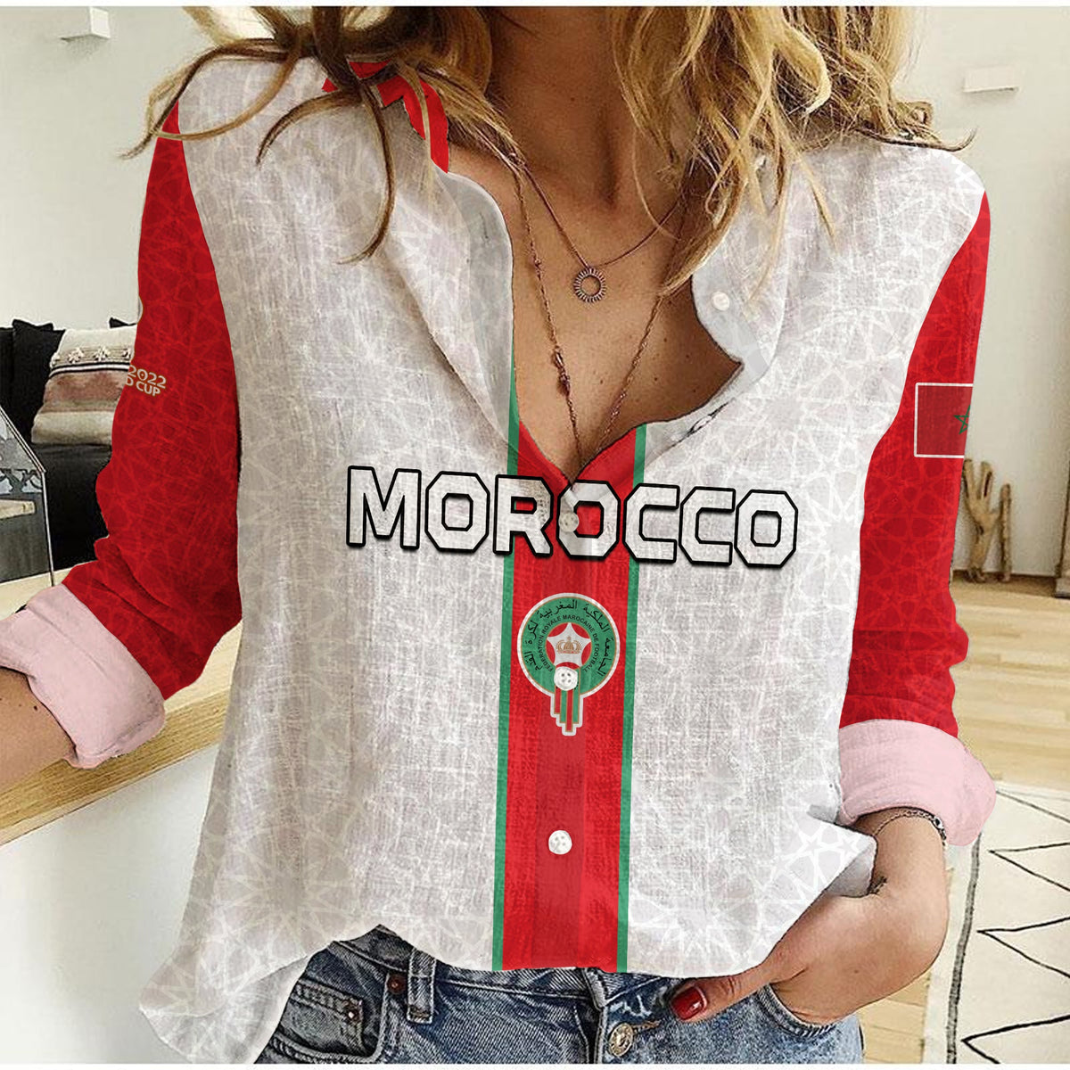 (Custom Text and Number) Morocco Football Women Casual ShirtWorld Cup 2022 Soccer Lions de l'Atlas Champions LT13 - Wonder Print Shop
