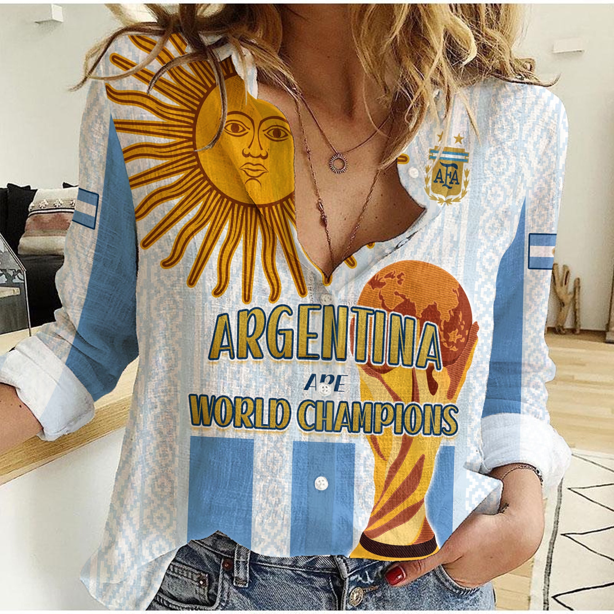custom-text-and-number-argentina-football-women-casual-shirt-world-champions-2022-dream-come-true